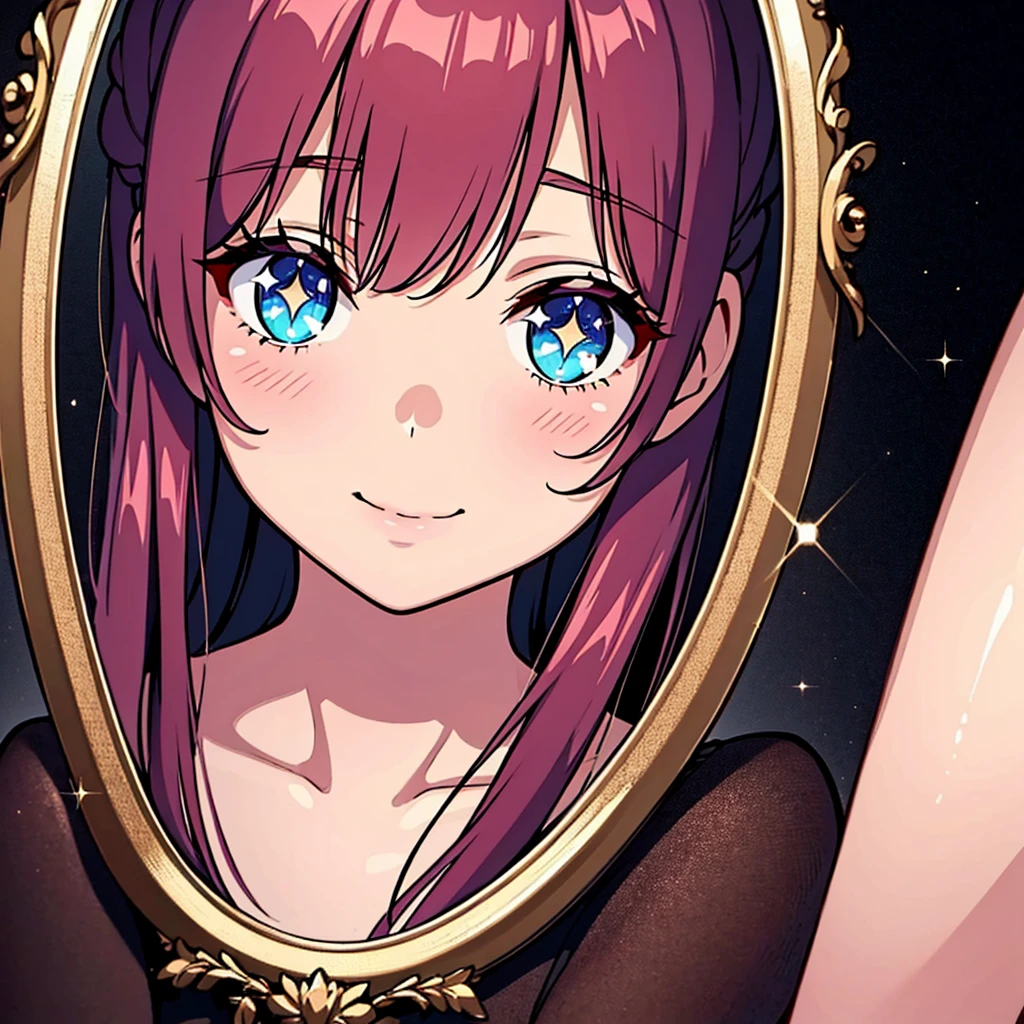 A girl in a mirror,beautiful detailed reflection,serene expression,sparkling eyes,mesmerizing smile,medium:oil painting, [vivid colors], [dreamlike atmosphere], delicate brushstrokes,soft lighting, (best quality,highres),ultra-detailed,hint of mystery, [subtle texture], beautiful backdrop, captivating beauty.