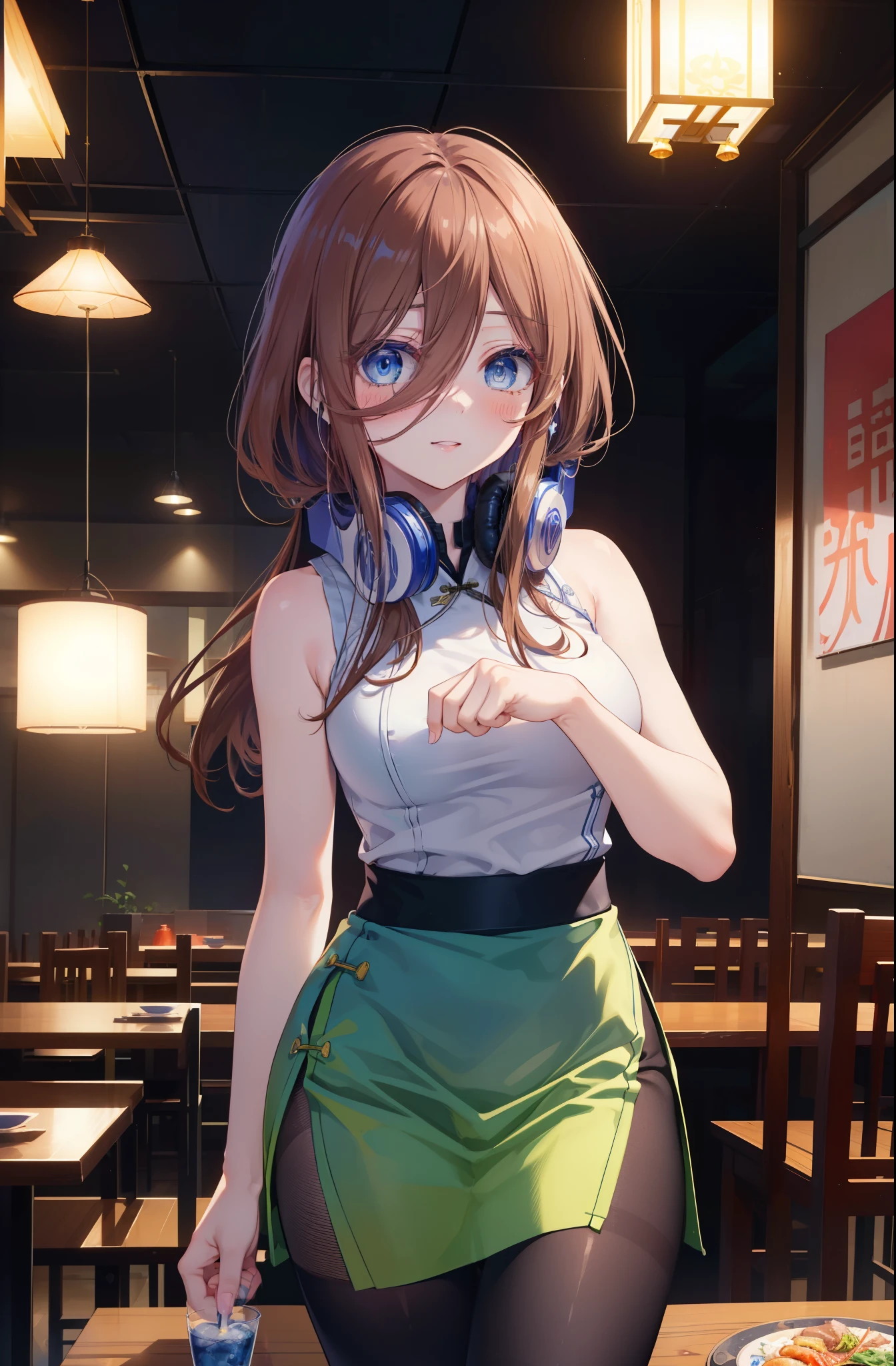 Miku Nakano, Miku Nakano chicke iii, long hair, bangs, blue eyes, brown hair, hair between eyes, smile,blush,headphones around neck,blue sleeveless cheongsam,blue long slit skirt,Fishnet tights,stiletto heels,indoor, remainder, food, drink, table and chairs, cleaning, tray, tray in one hand
break indoors, Chinese style restaurant,
break looking at viewer, (cowboy shot:1.5), (Upper body:1.5),
break (masterpiece:1.2), highest quality, High resolution, unity 8k wallpaper, (figure:0.8), (detailed and beautiful eyes:1.6), highly detailed face, perfect lighting, Very detailed CG, (perfect hands, perfect anatomy),