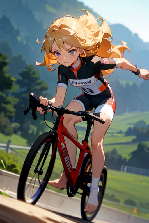 detailed bicycle(1.4), full body(1.4), from below, a cute 6 year old christian church girl named Zachary, brownish blonde hair, long wavy hair, short sleeved white sport jersey tshirt, pink shorts, cross necklace, sunrise, slight smile, wristbands, barefoot, wearing no shoes, winking, hand details, feet details, Illustration, high quality (4k/8k), realistic style (1.37), vibrant colors, vivid lighting, detailed face features, strong muscles, determined expression, aerodynamic cycling jersey, sleek helmet, focused eyes, flowing hair, smooth pedaling motion, intense competition, cheering crowd, scenic mountainous background, challenging race route, professional equipment, high-performance road bike, speed, passion, adrenaline rush. slow motion(1.4), motion blur(1.3),dynamic angle,