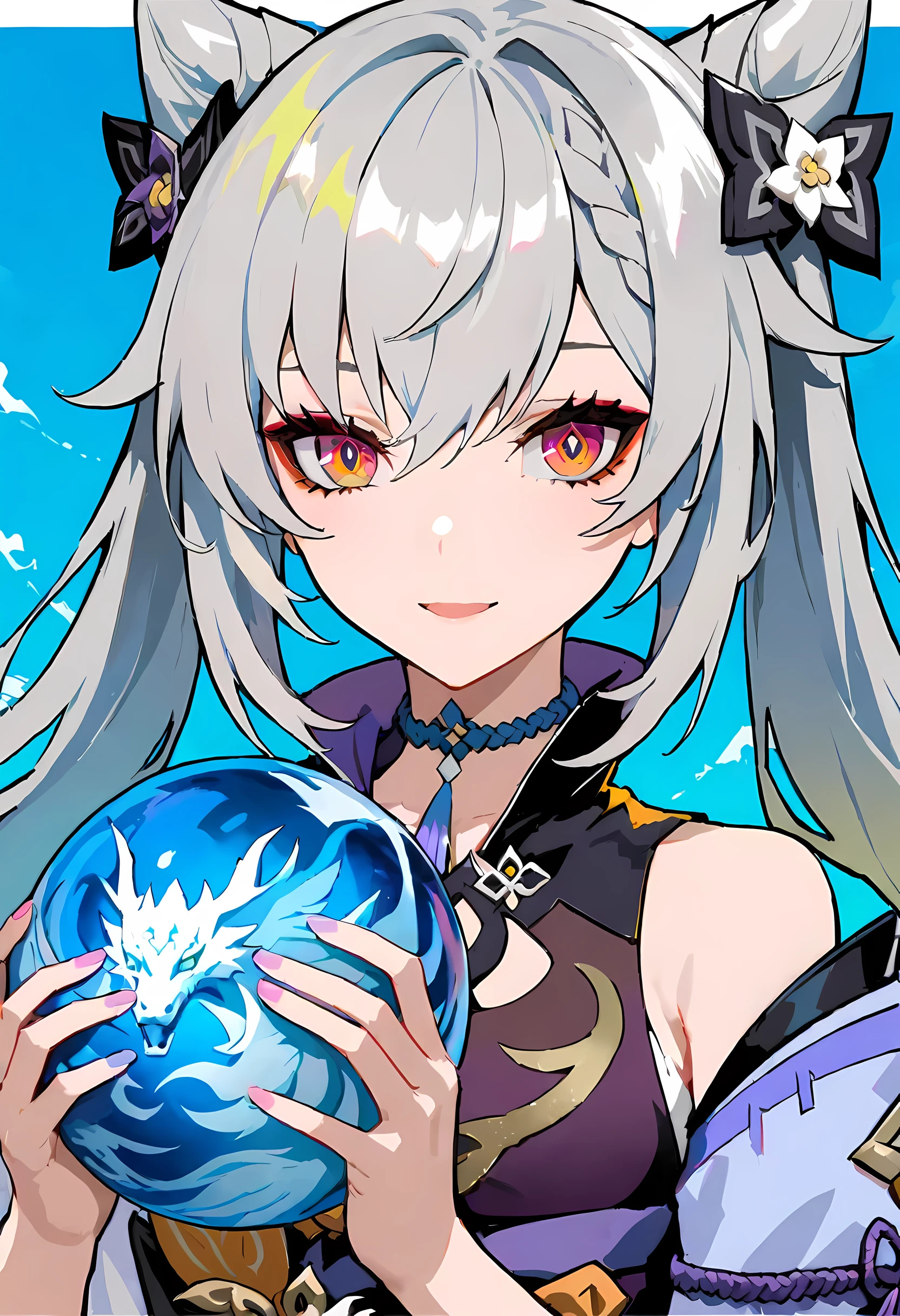 Wearing a blue and white dress、anime girl holding blue ball, Onmyoji, Onmyoji detailed art, Onmyoji portrait, White-haired God, keqing from Genshin impact, Genshin, from Arknights, zhongli from Genshin impact, heise jinyao, by Shitao, dragon, author:Yang Jie, yun ling