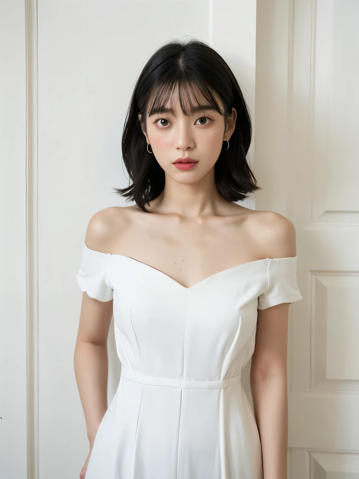 white short sleeve dress、Fashionable dresses、Silky hair、(white wall in the background、Taken in front of the white door:1.4)、((highest quality、8K、masterpiece:1.3))、ultra high resolution、(photogenuineistic:1.4)、RAW photo、Japanese,(face)、genuine、Photographed in natural light、Highly detailed face and skin texture、highly detailed lips、correct state of the human body、medium hair、black hair、various poses、natural color lip