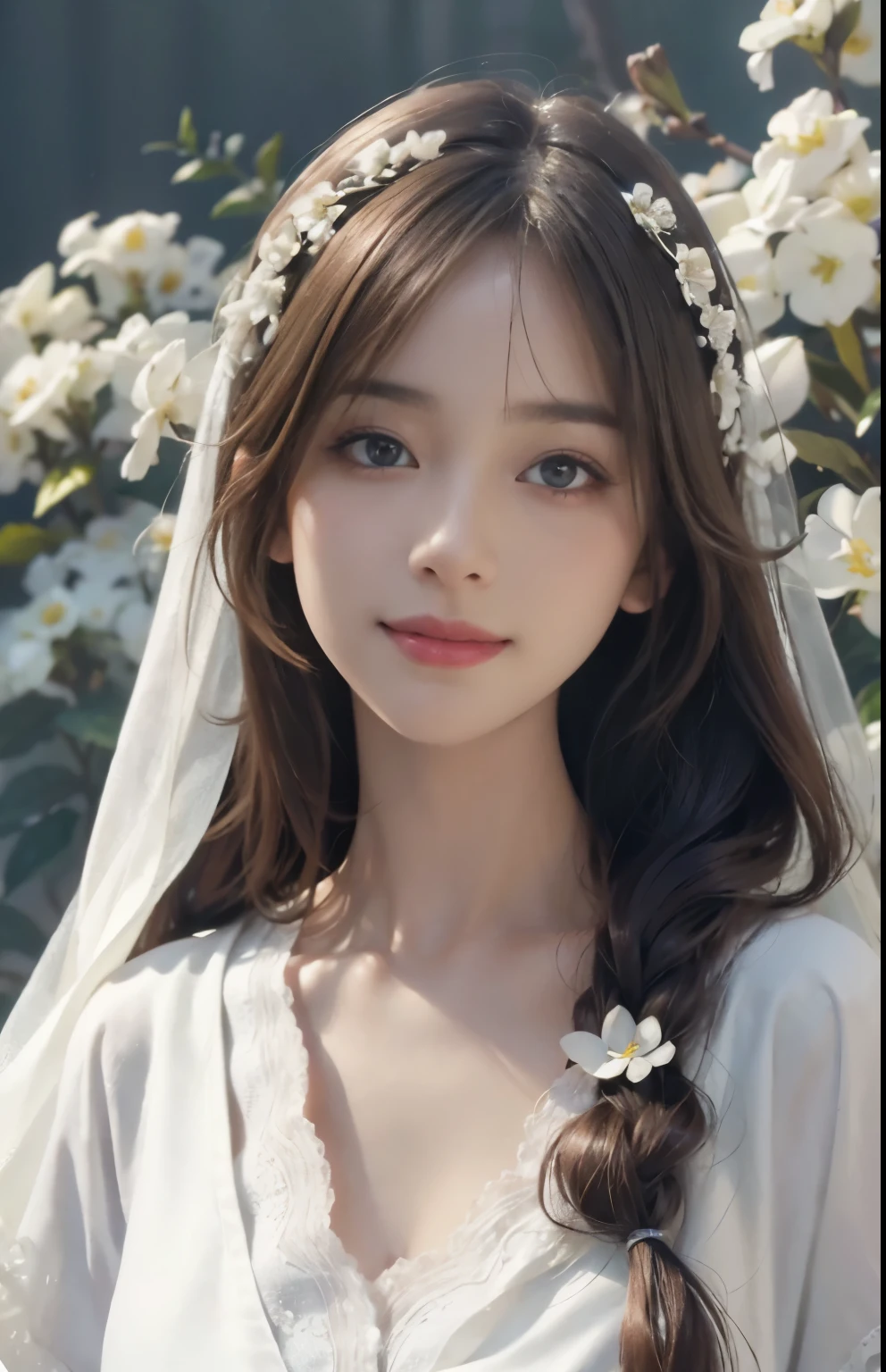 (Ultra Realistic), (Illustration), (Increased Resolution), (8K), (Extremely Detailed), (Best Illustration), (Beautiful and Detailed Eyes), (Best Quality), (Ultra Detailed), (Masterpiece ), ( wallpaper), (detailed face), solo, 1 girl, looking at viewer, fine details, detailed face, in the dark, deep shadows, low key, pureerosfaceace_v1, smiling, long straight hair, white shawl, 46 points oblique bangs，Lots of flowers in the background，plump breasts