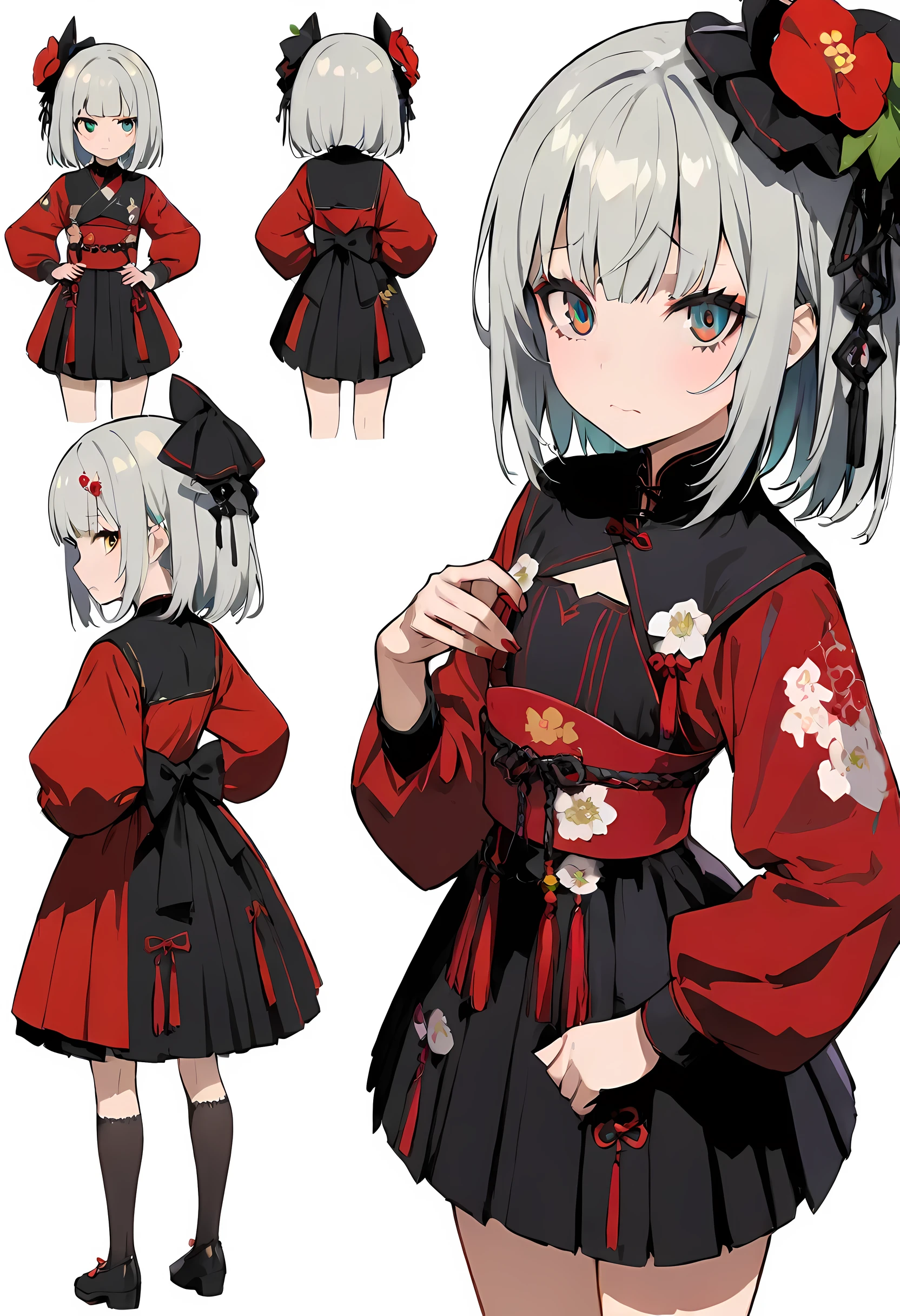 ((masterpiece)), (best quality))), (character design sheet, national costume, same characters, front, side, Back), illustration, 1 girl, whole body, silver hair, Eye hair, beautiful eyes, princess cut, environmental change scenarios, short skirt, Shy, miss, girl, eternal, goth , V-tube, chatanbetarola, (simple Background, white Background: 1.3) ( masterpiece:1.2), (best quality:1.3),cartoon background