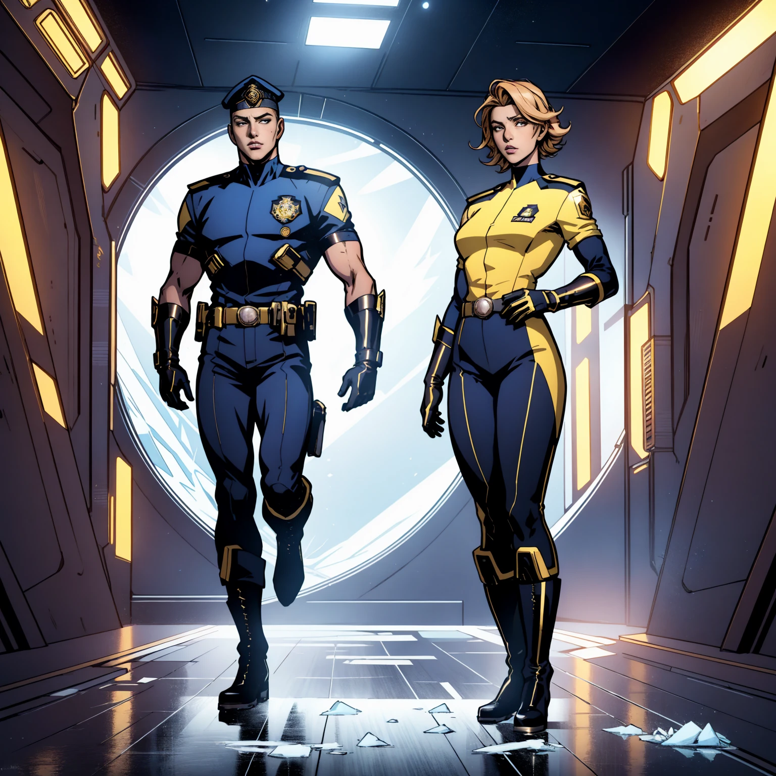 ((full body photo, standing, feet on the ground)) A girl with short light golden hair, a metal headband on her forehead, an icy gaze, a detached expression, a smooth and exquisite facial appearance, a sci-fi military uniform, white as the main color, complemented by blue and yellow accents, short sleeves, gloves, short skirt integrated with the outfit, dark fitted pants, knee-high military boots, standing in a futuristic sci-fi-styled room, Surrounded by AR virtual interfaces, this character embodies a finely crafted a futuristic sci-fi female officer in anime style, exquisite and mature manga art style, high definition, best quality, highres, ultra-detailed, ultra-fine painting, extremely delicate, professional, anatomically correct, symmetrical face, extremely detailed eyes and face, high quality eyes, creativity, RAW photo, UHD, 8k, Natural light, cinematic lighting, masterpiece-anatomy-perfect, masterpiece:1.5