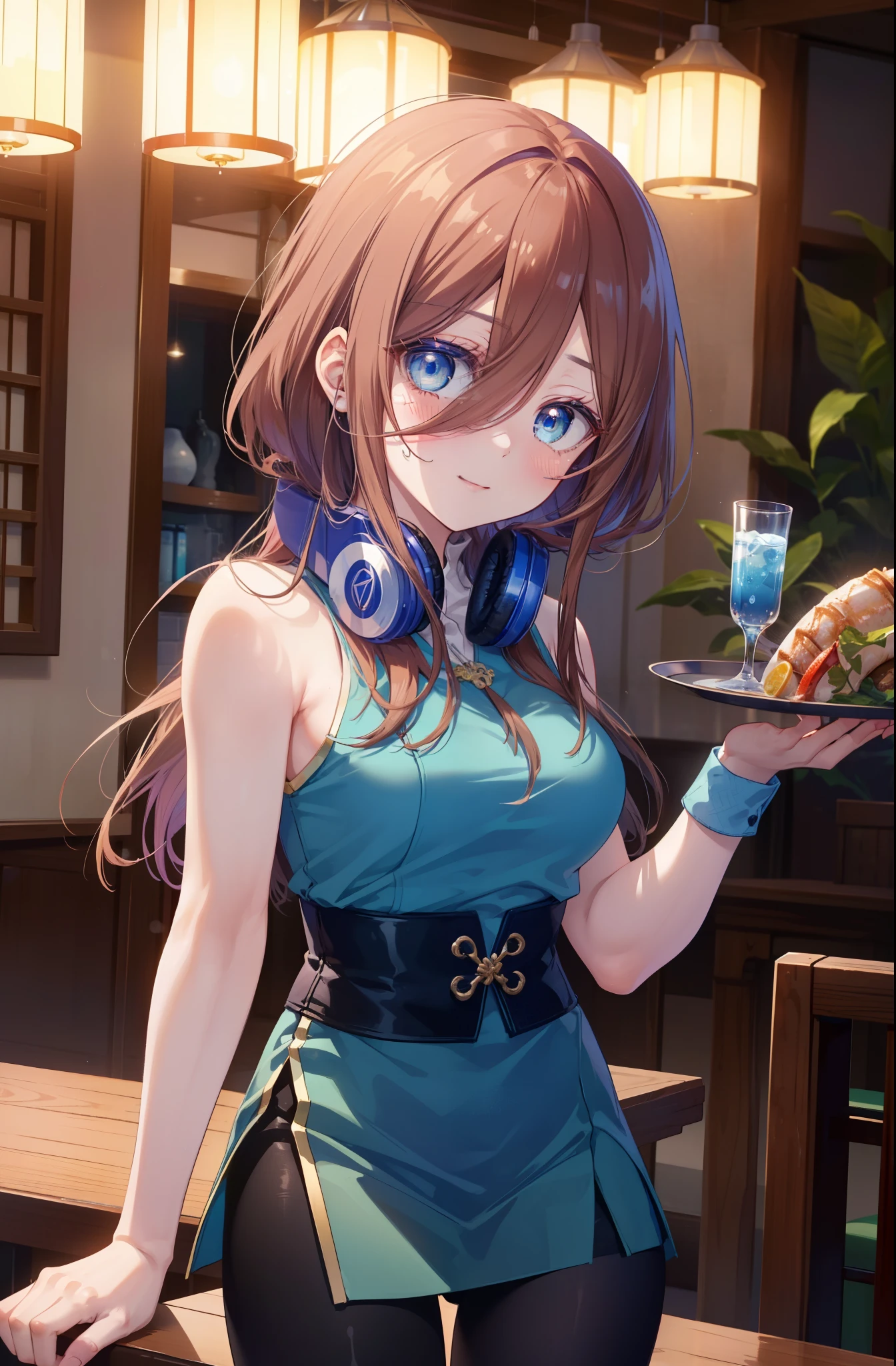 Miku Nakano, Miku Nakano chicke iii, long hair, bangs, blue eyes, brown hair, hair between eyes, smile,blush,headphones around neck,blue sleeveless cheongsam,blue long slit skirt,Fishnet tights,stiletto heels,indoor, remainder, food, drink, table and chairs, cleaning, tray, tray in one hand
break indoors, Chinese style restaurant,
break looking at viewer, (cowboy shot:1.5), (Upper body:1.5),
break (masterpiece:1.2), highest quality, High resolution, unity 8k wallpaper, (figure:0.8), (detailed and beautiful eyes:1.6), highly detailed face, perfect lighting, Very detailed CG, (perfect hands, perfect anatomy),