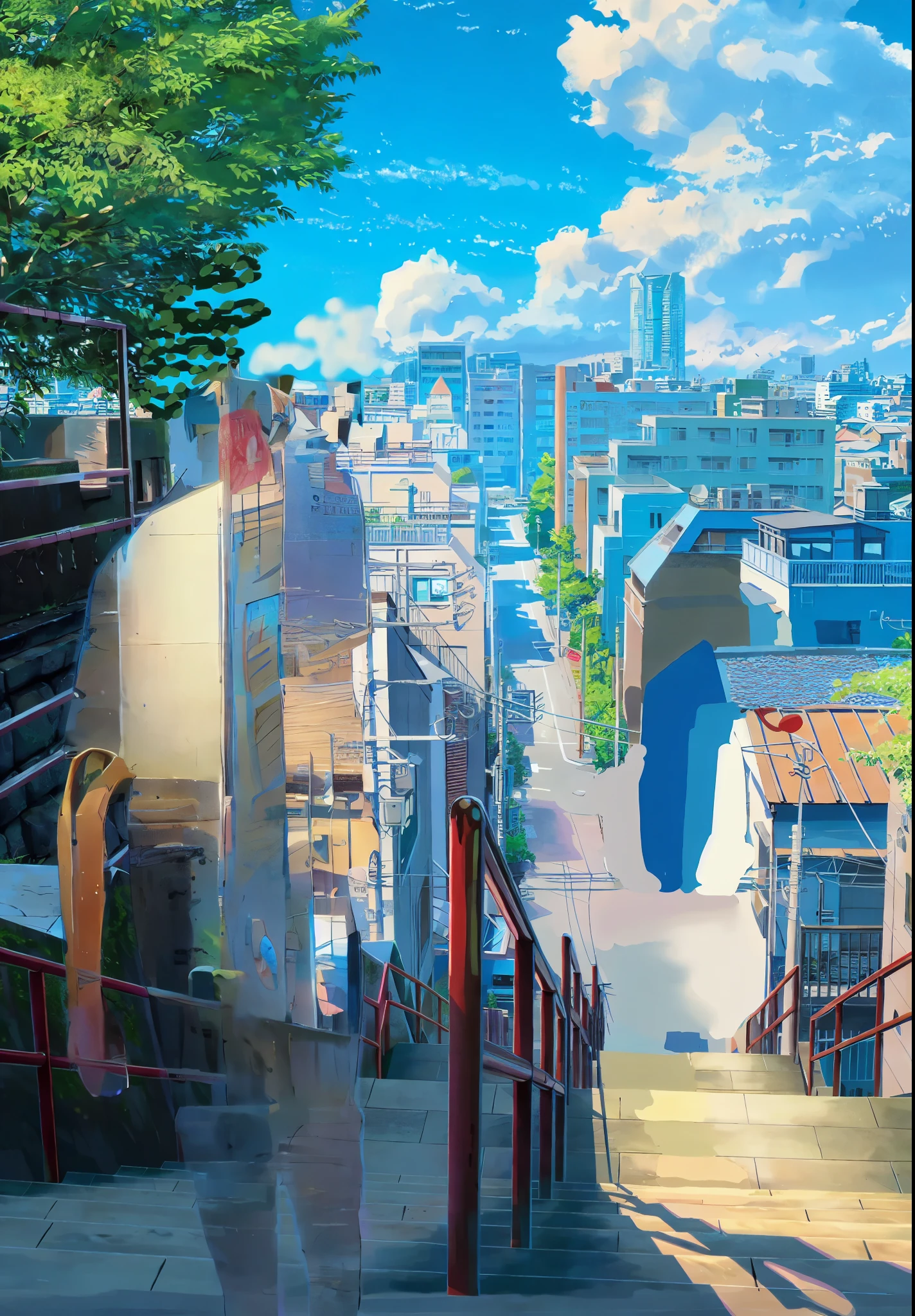 your name staircase, stairs, seen from up, stairs and city in the background, perspective, 4k, masterpiece, perfect perspective, buildings, stairs, clouds, sky, studio ghibli background, makoto shinkai background