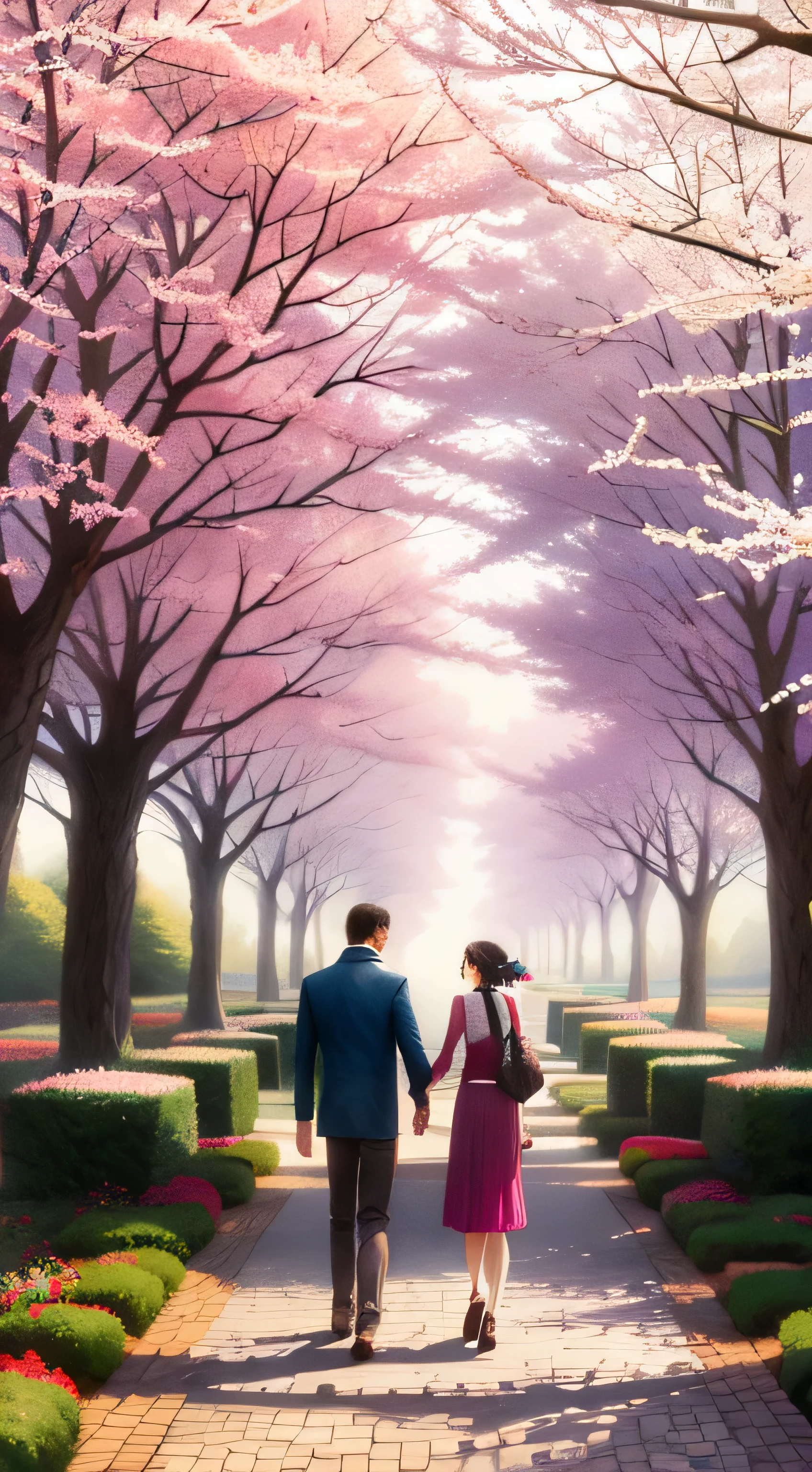 beautiful garden painting. spring , Moody and meaningful scenes in the style of Thomas Kinkade ,HD 4K , seamless texture, watercolor、cherry blossoms、Adult couple、walk hand in hand、