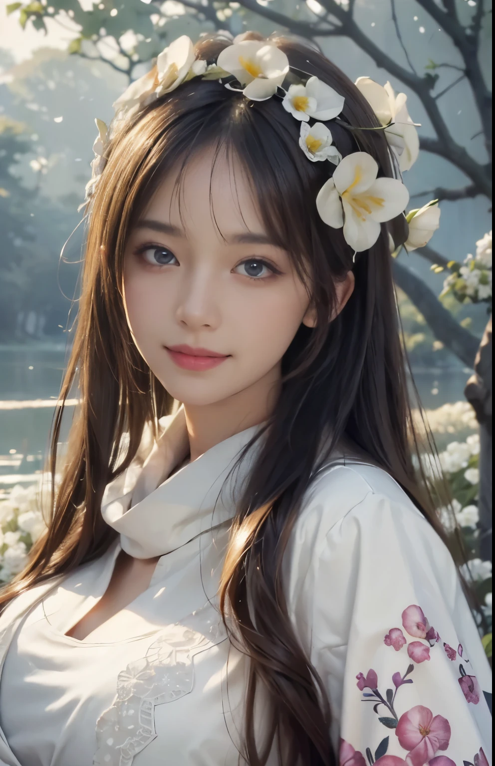 (Ultra Realistic), (Illustration), (Increased Resolution), (8K), (Extremely Detailed), (Best Illustration), (Beautiful and Detailed Eyes), (Best Quality), (Ultra Detailed), (Masterpiece ), ( wallpaper), (detailed face), solo, 1 girl, looking at viewer, fine details, detailed face, in the dark, deep shadows, low key, pureerosfaceace_v1, smiling, long straight hair, white shawl, 46 points oblique bangs,Lots of flowers in the background,plump breasts