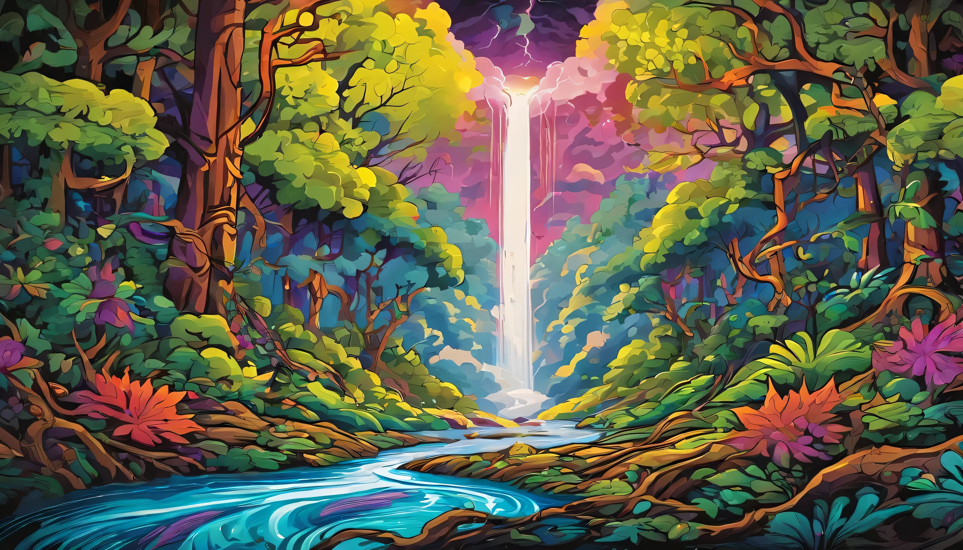 Design an image depicting an intense night storm scene over an ancient rainforest. The sky above is a canvas of chaotic beauty, with lightning bolts illuminating the dense canopy below. Each flash reveals the rich, wet leaves of towering trees and the intricate ecosystem that thrives under their shelter. The storm's fury is juxtaposed with the enduring calm of the forest, highlighting the timeless dance between nature's tempests and the tranquility of the ancient woodlands. Include the occasional glimpse of a waterfall or river, its waters surging in response to the downpour, adding to the scene's dynamic beauty.
