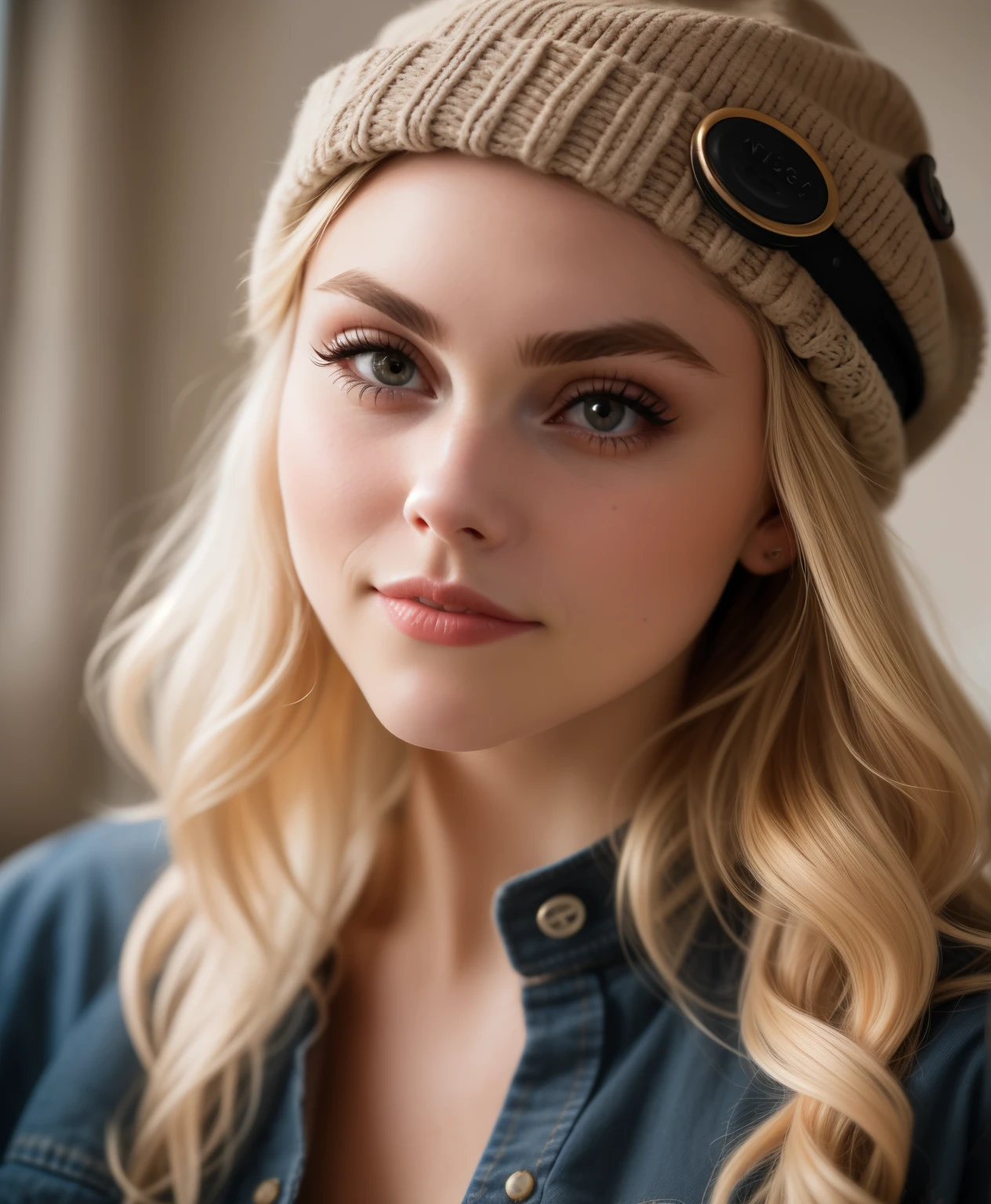a close up of a woman wearing a hat with a button on it, 50mm portrait, 7 0 mm portrait, 60mm portrait, high quality portrait, portrait of annasophia robb, 50 mm lens photo portrait, blonde hair and large eyes, headshot profile picture, 1 3 5 mm nikon portrait, portrait rugged girl, cinematic headshot portrait