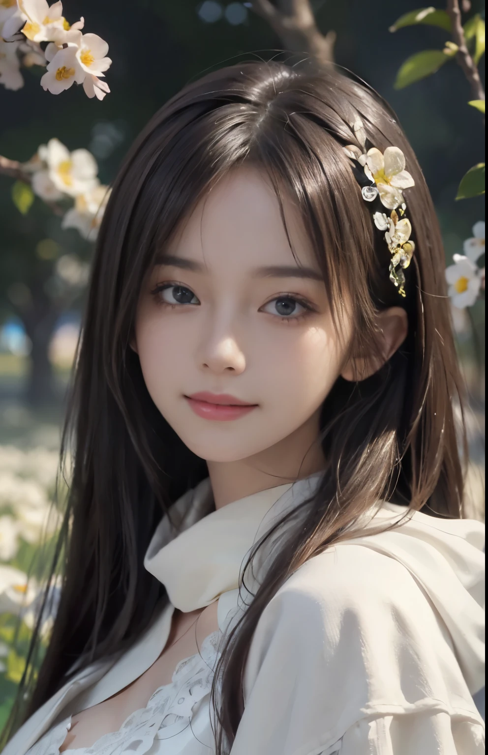 (Ultra Realistic), (Illustration), (Increased Resolution), (8K), (Extremely Detailed), (Best Illustration), (Beautiful and Detailed Eyes), (Best Quality), (Ultra Detailed), (Masterpiece ), ( wallpaper), (detailed face), solo, 1 girl, looking at viewer, fine details, detailed face, in the dark, deep shadows, low key, pureerosfaceace_v1, smiling, long straight hair, white shawl, 46 points oblique bangs，Lots of flowers in the background，plump breasts
