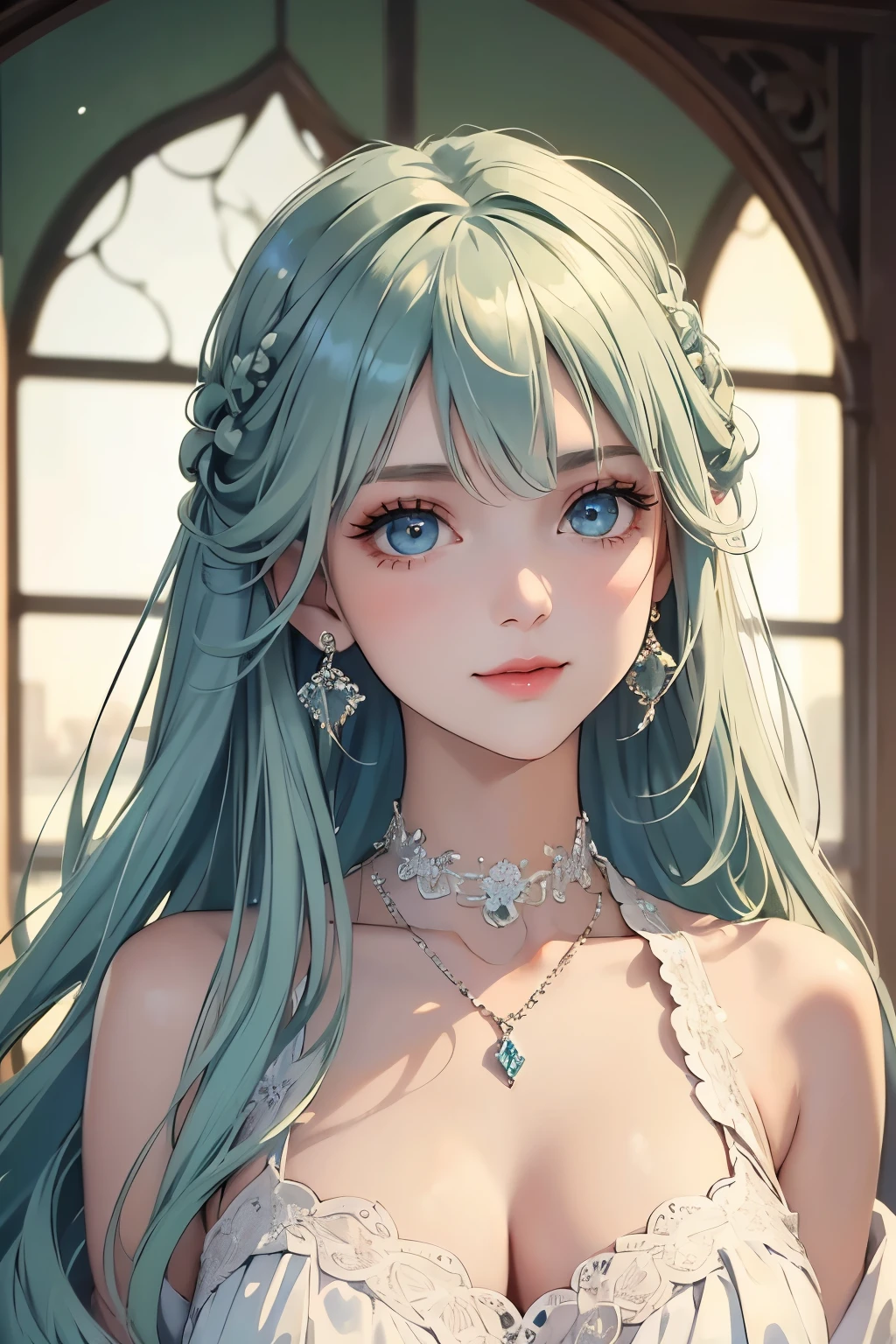 (1girl), ((masterpiece, highest resolution,best quality)), (beautiful illustration),(semi long beautiful silver green hair),(beautiful blue eyes),face,(looking at the viewer),very cute, innocent smile,Lace chalker, diamond necklace,earrings,