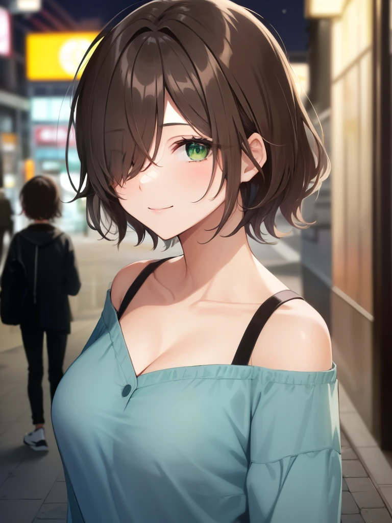 1girl, solo, mature female, brown hair, (hair over one eye:1.2), hair over left eye, short hair, messy hair, pixie cut, asymmetrical bangs, hair between eyes, green eyes, blue shirt, bare shoulder, collarbone, cleavage, black skirt, street, night, tokyo, shibuya, light smile