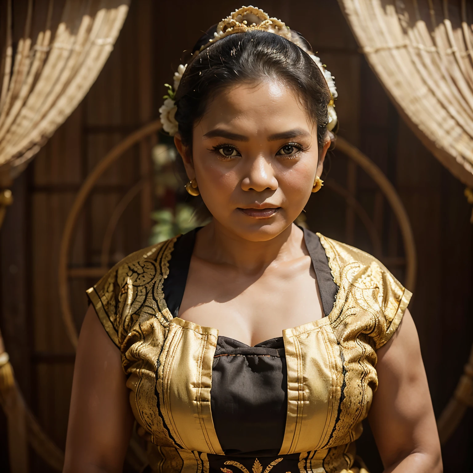 make a photo of an Indonesian woman aged 50 years weighing 90 kg wearing traditional Javanese clothes, wearing a bun, and a joglo background