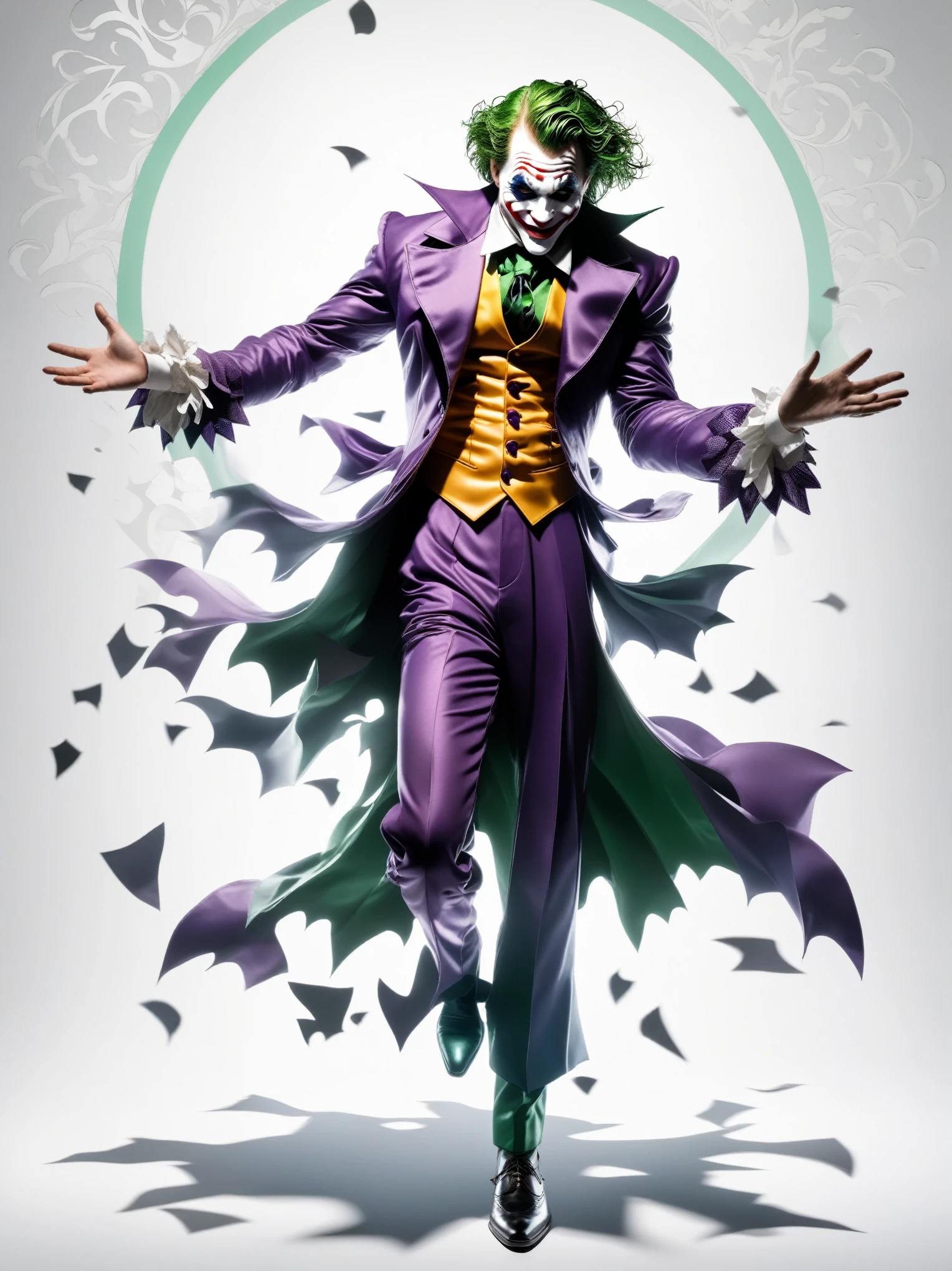 白いスーツと帽子をかぶったjokerのミニマリストの魅力写真. White filigree background,villain、joker、Pose with outstretched hands
