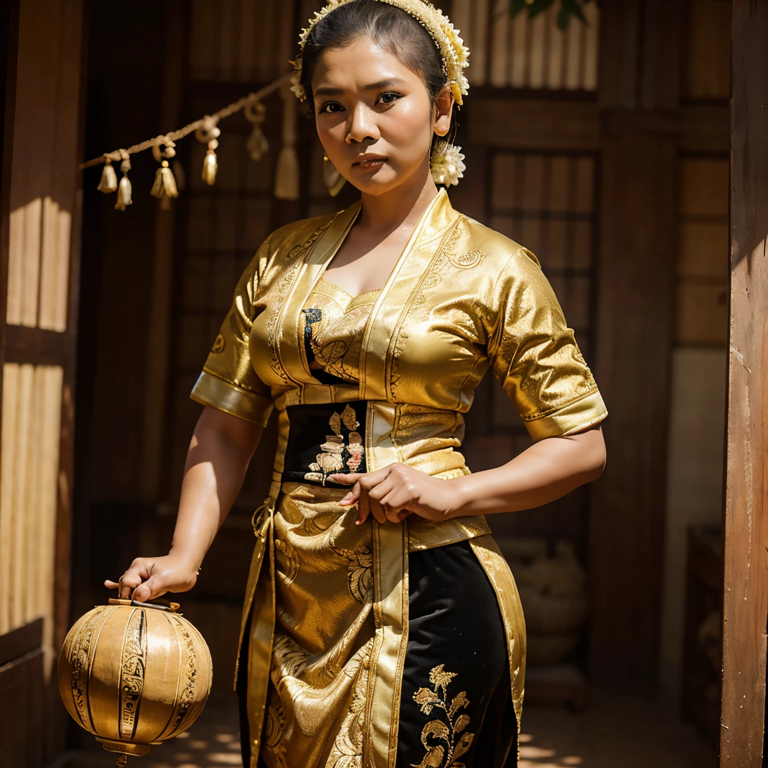 make a photo of an Indonesian woman aged 50 years weighing 90 kg wearing traditional Javanese clothes, wearing a bun, and a joglo background  