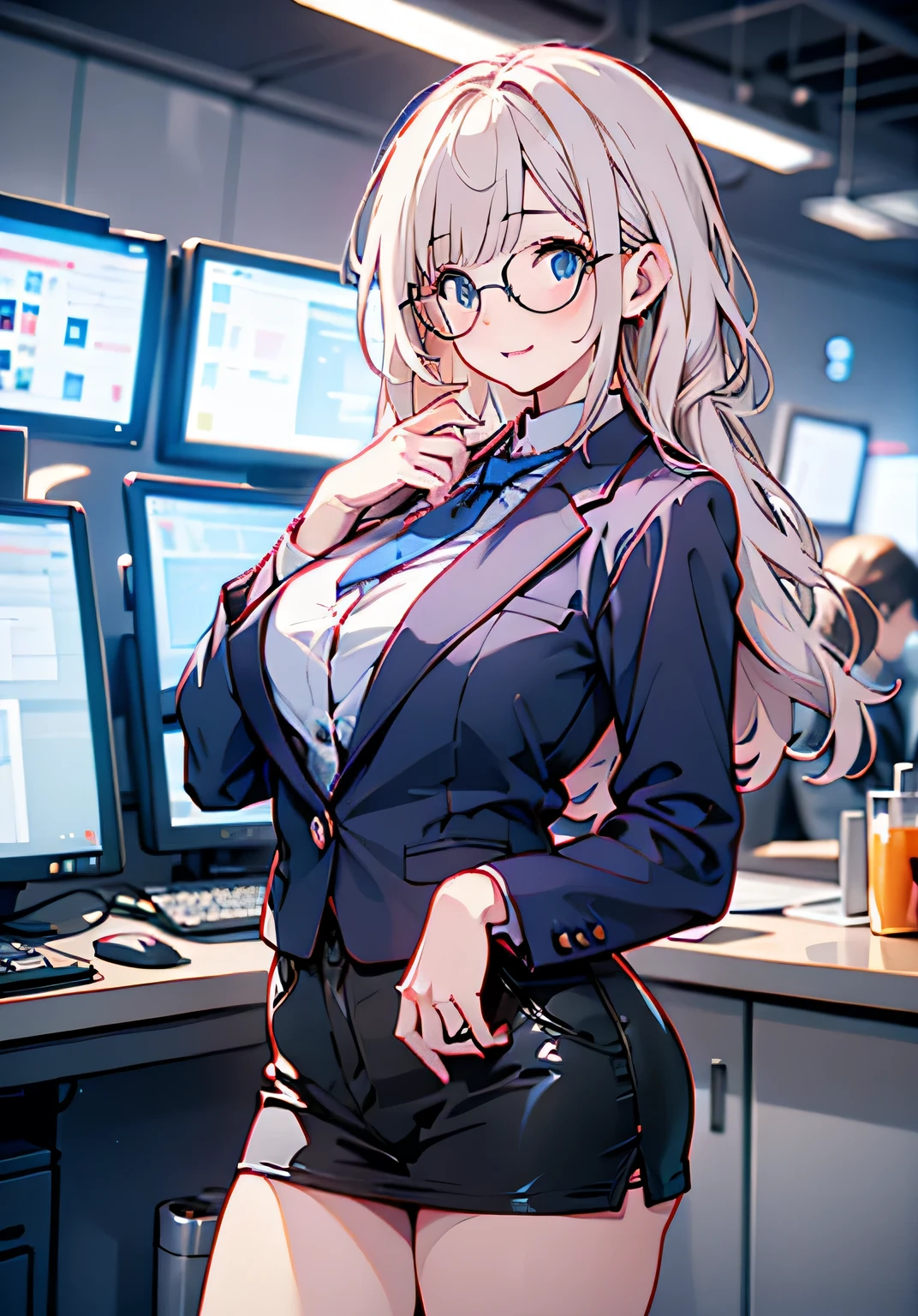 1 girl, htpandemonica, (thick thighs), (big breasts), horns, glasses, office suit