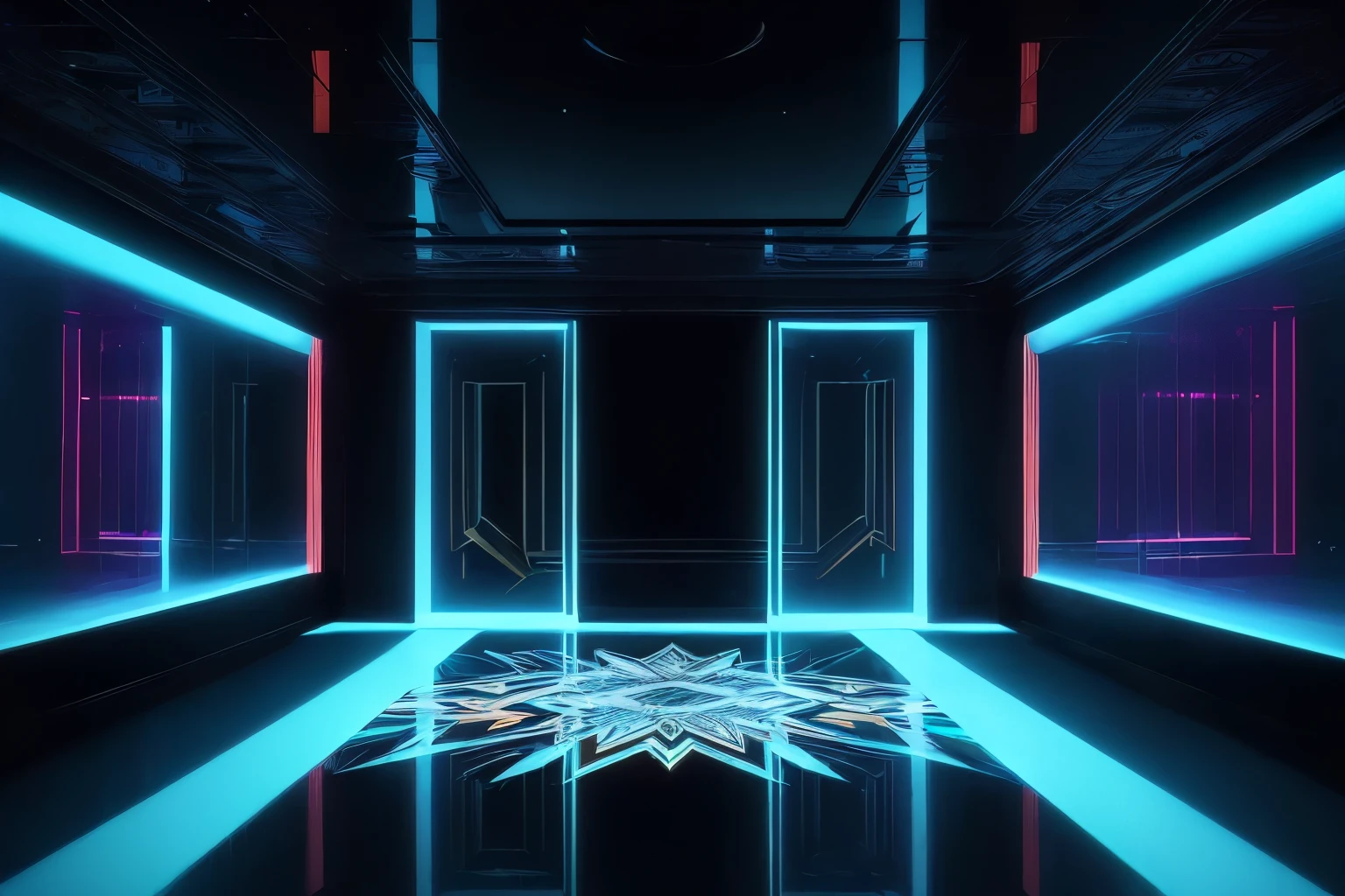 (masterpiece, 32k, best quality:1.4), colorful lasers are projected onto the numerous mirrors of various sizes randomly placed throughout the room, creating irregular, diffused reflections and creating an artistic effect, background dark room