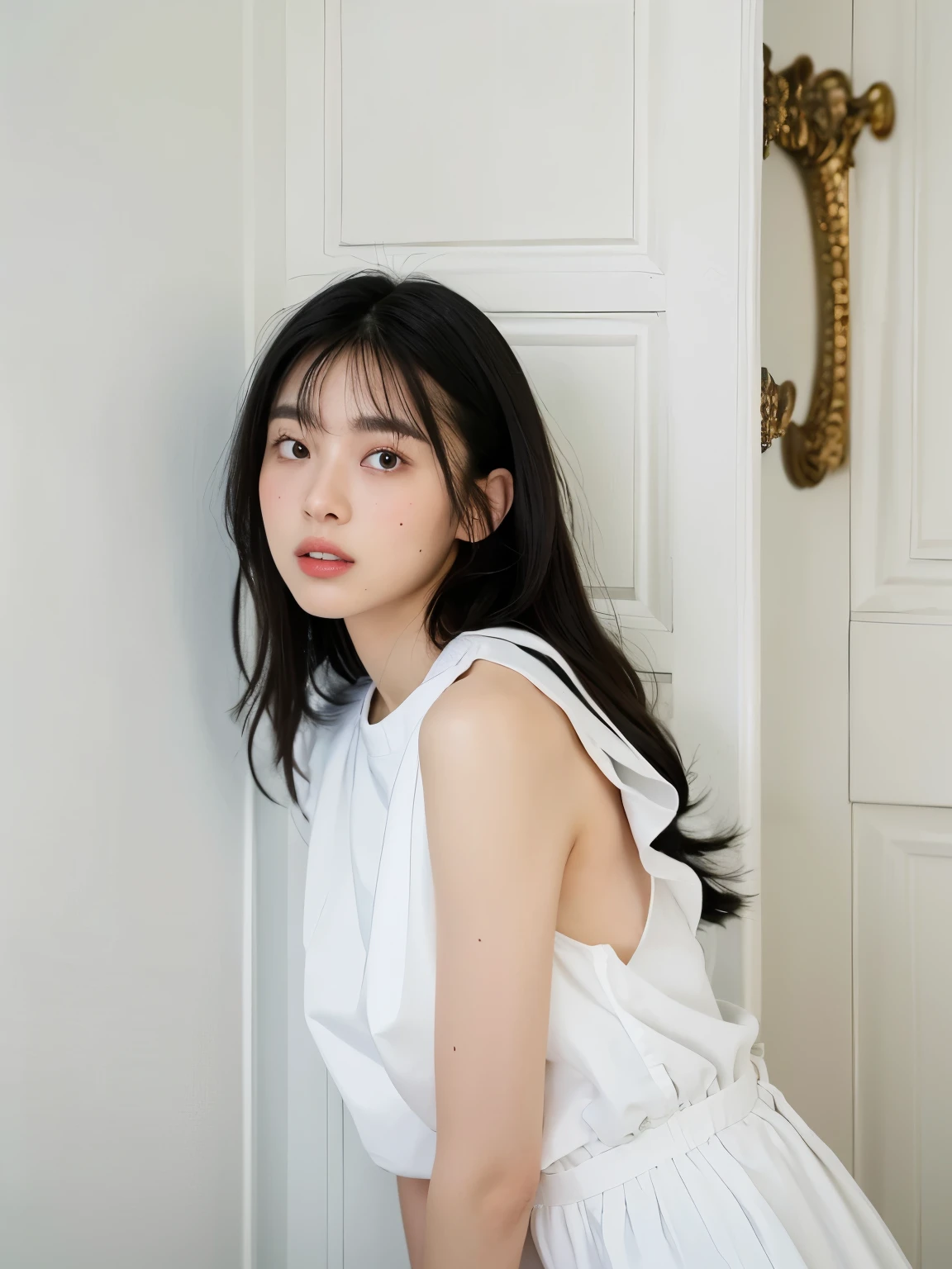 ((highest quality、8K、masterpiece:1.3))、white short sleeve dress、Fashionable dresses、Silky hair、fluffy hair、(white wall in the background、Taken in front of the white door:1.4)、table top、ultra high resolution、(photogenuineistic:1.4)、RAW photo、Japanese,(face)、genuine、Photographed in natural light、Highly detailed face and skin texture、highly detailed lips、correct state of the human body、medium hair、black hair、various poses、natural color lip