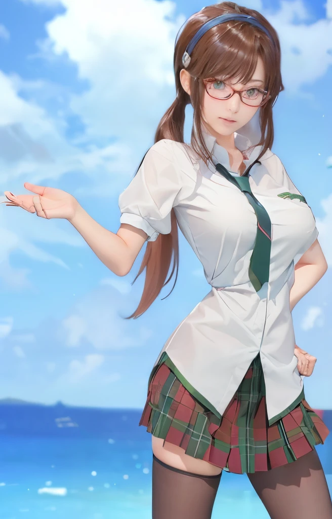 marimakinami, Mari Makinami, blue big eyes, brown hair, thick red rimmed glasses, big breasts、chest bulge、big ass、head band, twin tails, break dress shirt, pantyhose, plaid, plaid skirt, , shirt, skirt, break outdoors, city, break looking at viewer, break (masterpiece:1.2), highest quality, High resolution, unity 8k wallpaper, (figure:0.8), (detailed and beautiful eyes:1.6), highly detailed face, perfect lighting, Very detailed CG, (perfect hands, perfect anatomy),