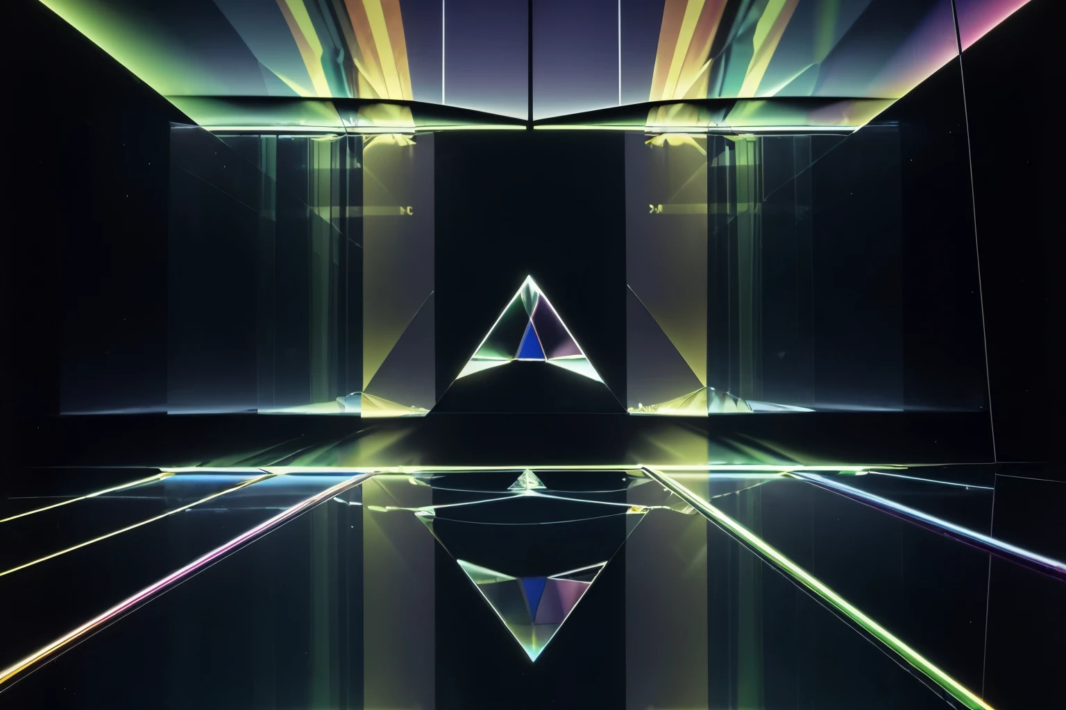 (masterpiece, 32k, best quality:1.4), (refraction of Light:1.7), colorful lasers are projected onto the numerous mirrors of various sizes randomly placed throughout the room, creating irregular, diffused reflections and creating an artistic effect, background dark room
