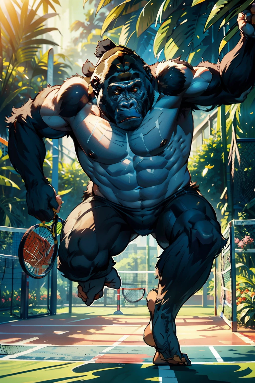 ((Masterpiece, Best Quality, photograph realistic)), (Gorilla with the agility of an athlete playing paddle tennis on a jungle court:1.5), Muscular Gorilla, Sweat-drenched fur, Tennis racket in hand, Paddle tennis ball in mid-air, Jungle setting, Lush greenery, Sunrays filtering through the trees, (High resolution, 8K Wallpaper), Dynamic lighting, Physically-based rendering, (Cinematic), Realistic textures, Detailed muscles, Expressive eyes, (Award-winning, Highly-detailed), Sharp contrast, Depth of field, Immersive background,