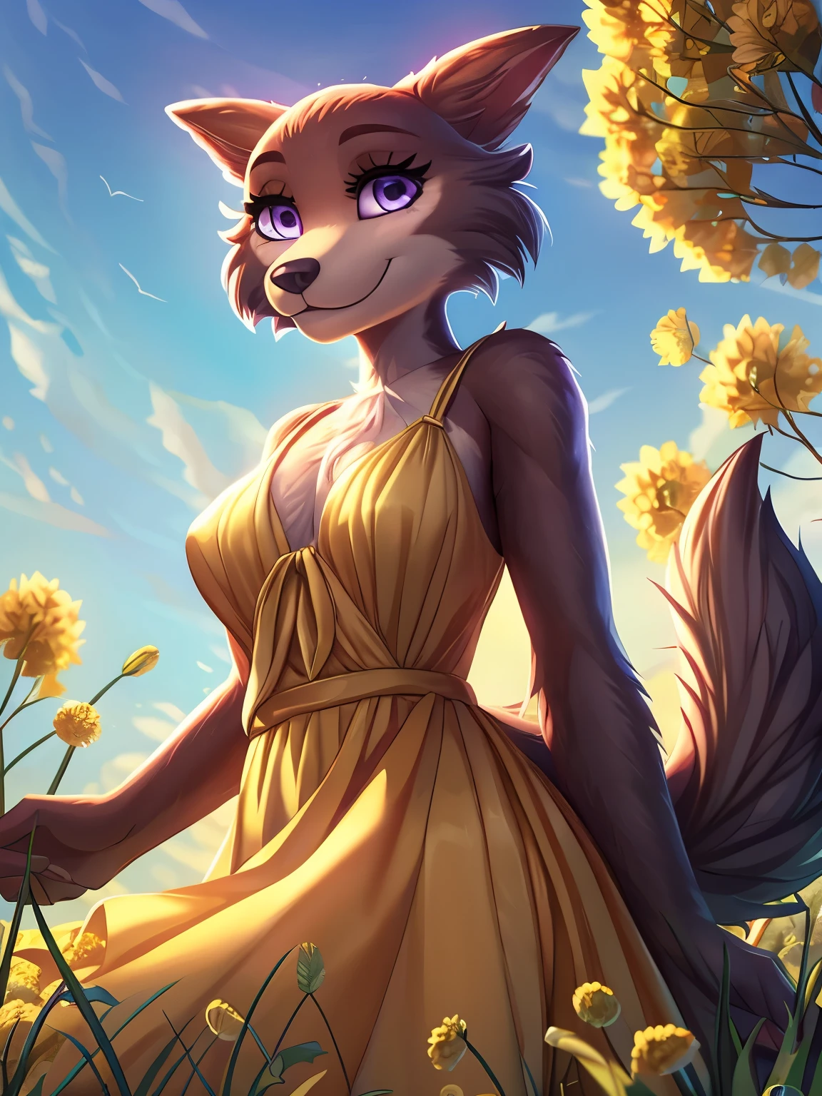 (by whisperingfornothing) solo, furry anthro juno, female, detailed background, (cinematic lighting:1.1), (perfect focus:1.1), 8k hd, photo, (detailed eyes:1.2),depth of field, bokeh, subsurface scattering, perfect breasts, wide angle,(dress, yellow dress), bright colors, (furry detail:1.3),yellow flowers, natural landscape, field of yellow flowers,sky with clouds, sunny day, brown fur,brown body,fur body,purple eyes,anthro wolf girl, detailed fur, fluffy fur,(short tail),(detailed pixar purple eyes:1.2),smile, seductive smile,athletic body