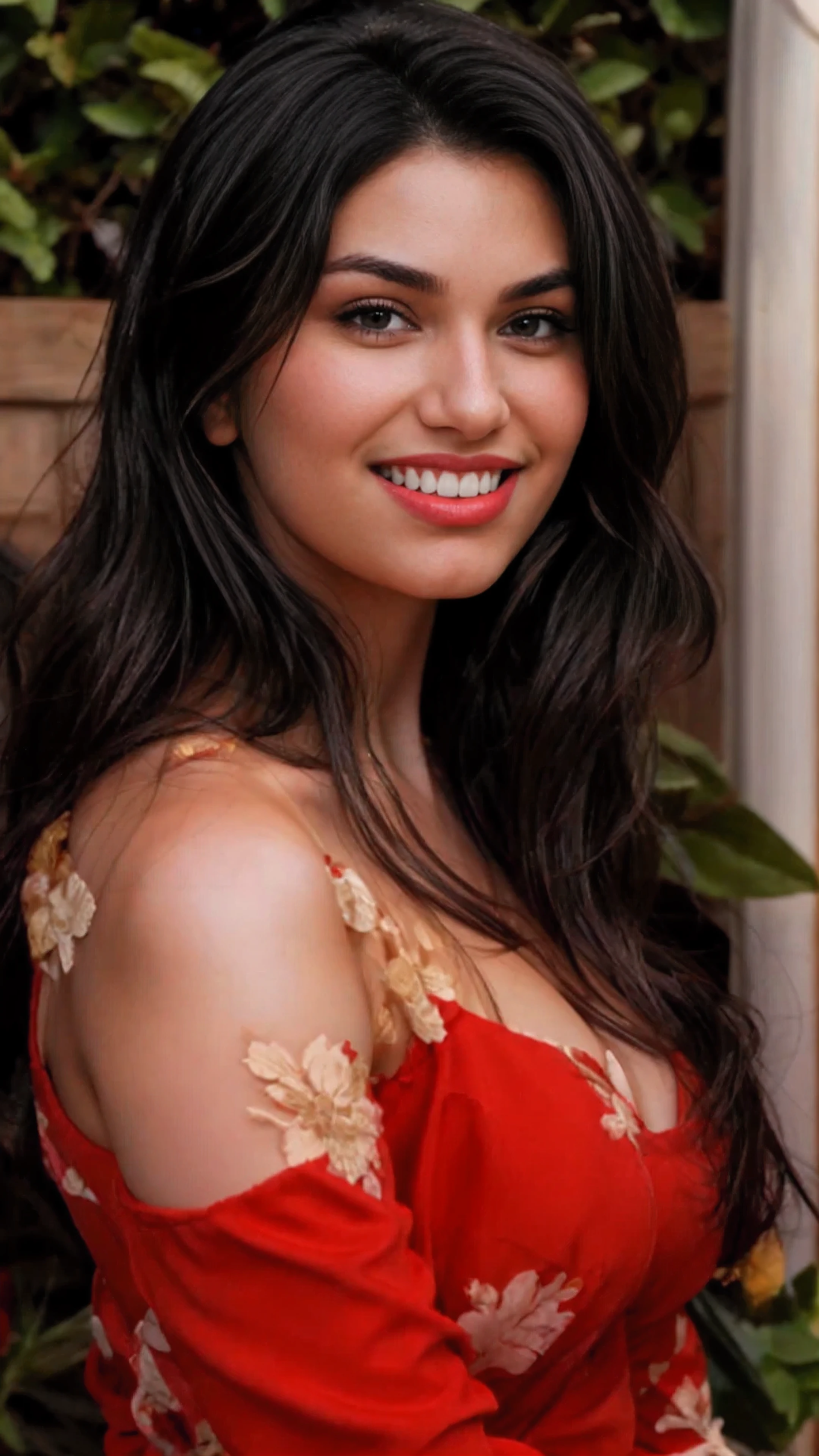 realistic photo of (yaelaris: gr4c3f: 0.5) in red dress, (soft light), instagram photo,playful smile, beautiful woman, dark black hair, analog style, looking at viewer, (tan skin texture), wide view, ultra high res, RAW, 4k