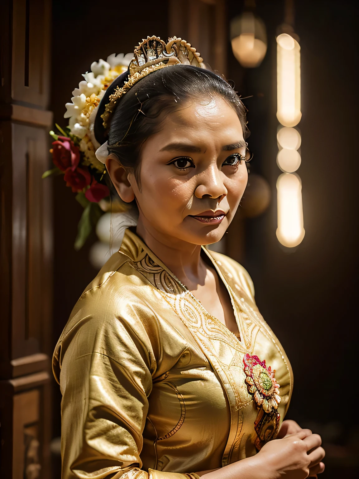 make a photo of an Indonesian woman aged 60 years old, weighing 90 kg wearing traditional Javanese clothes, wearing a bun, and a joglo background