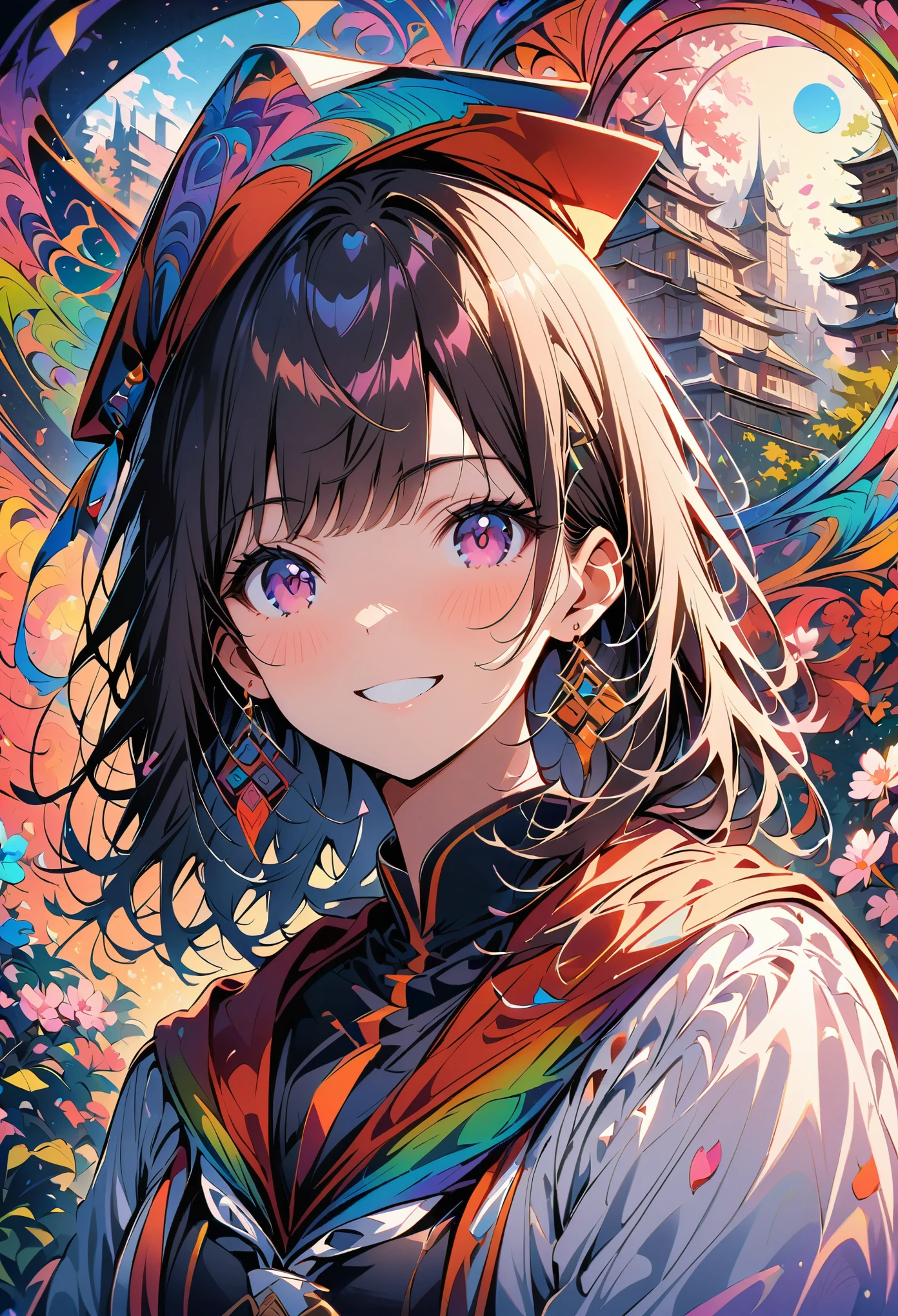 Academic dress, Academic gown, Mortar board, Square cap, university campus, building, Cherry blossoms, Smile, 2 girls, Detailsed uniform, look at the audience, (Sigma 85mm f1.4), depth of field, Bokeh, 细节ed photorealistic background, Diffusion of natural light, Gives a natural skin glow, Face focus, extremely 细节ed, (abstract background, Zentangle, fractal art:1.3), (Many colors, rich and colorful:1.1), (feather, petal, flowers:1.3), earrings