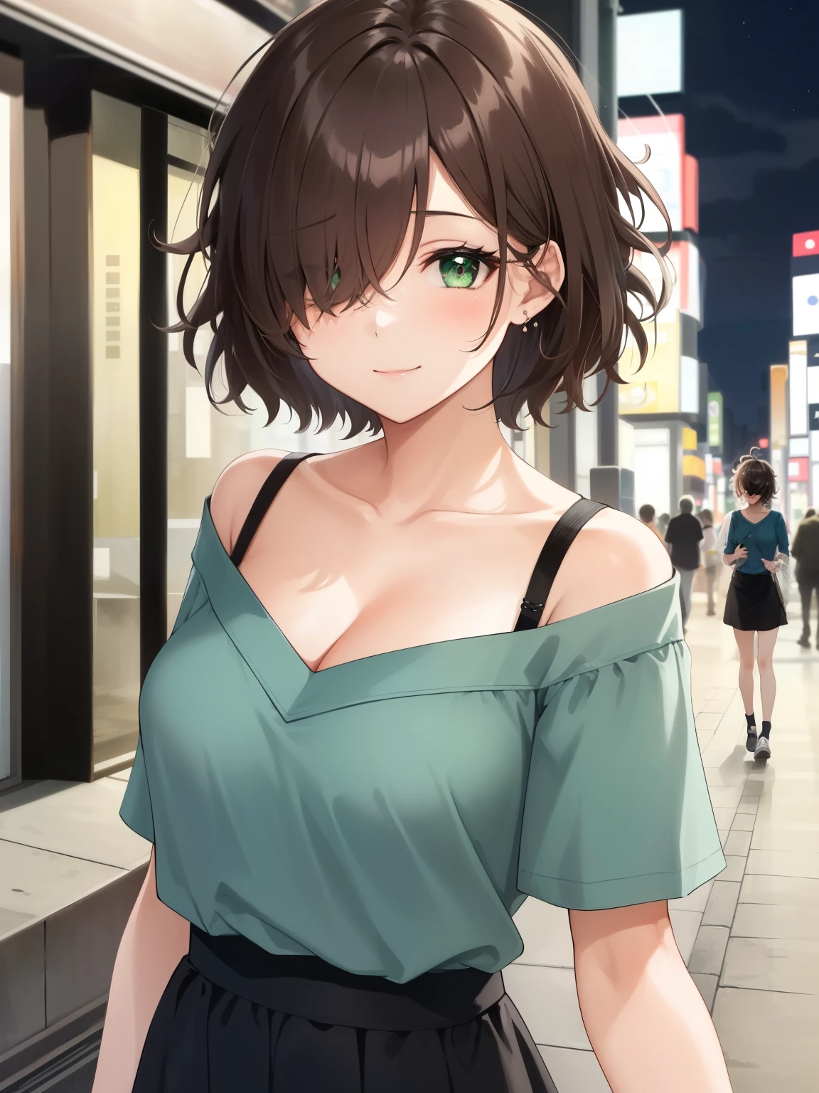 1girl, solo, mature female, brown hair, (hair over one eye:1.2), hair over left eye, short hair, messy hair, pixie cut, asymmetrical bangs, hair between eyes, green eyes, blue shirt, bare shoulder, collarbone, cleavage, black skirt, street, night, tokyo, shibuya, light smile