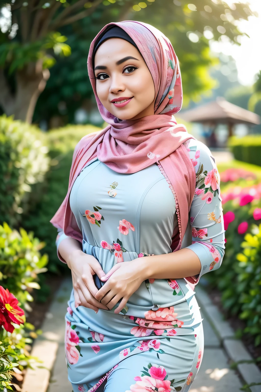 RAW, Best quality, high resolution, Masterpiece: 1.3), Beautiful Malay woman in hijab, Masterpiece, Perfect slim body, ((Big breasts)), Beautiful big eyes, water eyes, Soft smile, ((wearing tight red pastel floral malay gamis with closed hijab)), simple diamond necklace, ((closed clothes), ((polite clothes)), windy, skin details, skin texture details, wide hips, thick thighs, sexy body, morning time, laughing, happy, bright sunlight, flower garden path, blurred background, bokeh,