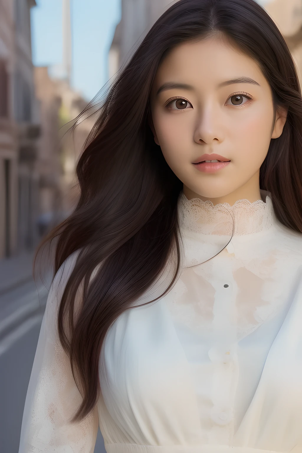 Ulchan-6500-v1.1,(,(masterpiece, highest quality:1.3), (Ultra-detailed 8K:1.2), (hyperrealistic:1.35),(Raw photo:1.2),highest quality, High resolution, wallpaper, realistic, bright lighting, professional lighting, face light, smooth lighting, break (japanese woman:1.3), 18-year-old, beauty, action, gravure, sexy, super beautiful, beautiful skin, beautiful and detailed eyes, detailed face, slim, moderately, clean long hair, brunette hair, dark brown eyes, look at the camera, (full shot:1.3), (european gothic cityscape:1.3),(lace dress, Fabric texture details:1.3),Render with ArtStation, Trending on CGsociety, sharp focus, dramatic, Realistic Painting Art by Midjourney