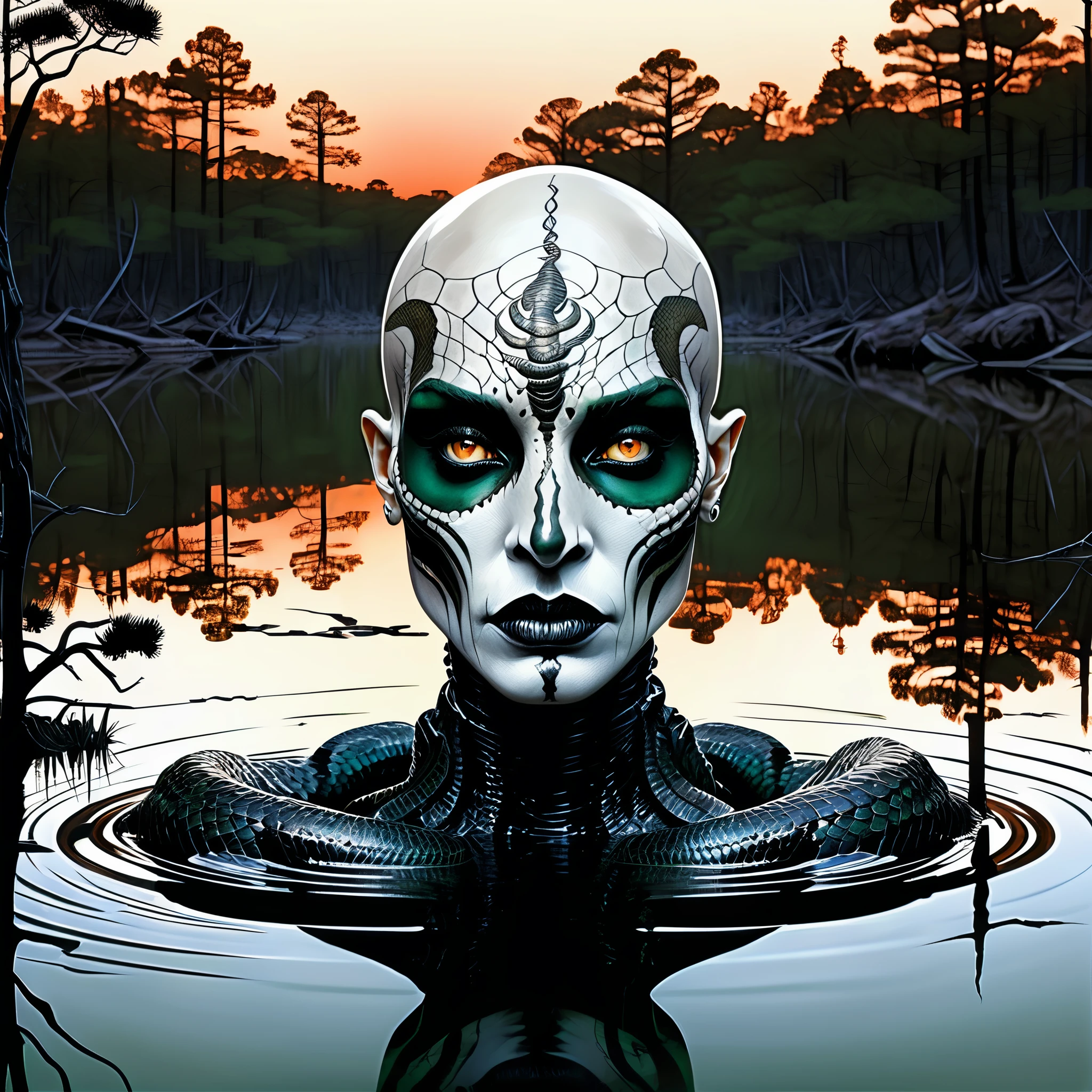 Medusa, emerging from the still lake water, her plain gorgon face is reflected on the surface of the water as (face, ornate black metal corpse paint, resembles Grace Jones), perfect reflection, showcase detailed expressive reflection, splash page compressed comic cover art, cinematic poster double exposure, optical illusion, image within image, candid, ((art style expressive Joelle Jones and "Sean Gordon Murphy" comic drawing)), abyss void black no visibility darkness, full body portrait, snake skin dress, (background, pine barrens, entropy, rewilding, magic hour sunset with galaxy stars, cosmos), (horror, abstract, surreal, body, cosmic), body drawn in Frederic Delavier musculature anatomical illustration art style, (body, Naga, snakefolk, snake woman hybrid, bald, hairless, skeleton, snake skin tattoos, piercing eyes, snake pupils), (colors, merge bleak muted deep fiery radiant glowing ROYGBIV, forest green to earth brown), craftsmanship nuance, (art style Gerardo Zaffino charcoal), subliminal orchids, nyctophobia, (wordless, single image),