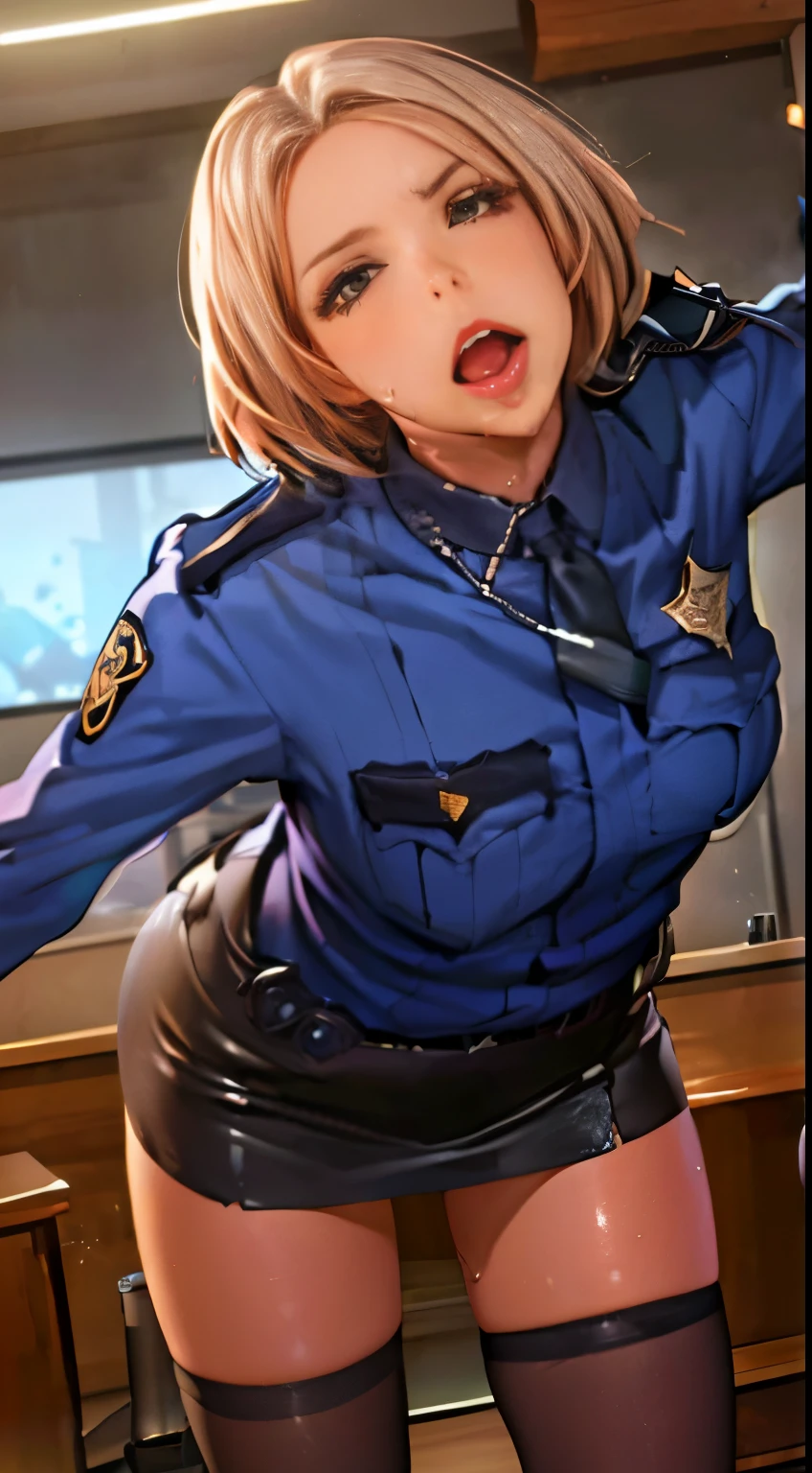 (Cinematic Digital Artwork: 1.3), High quality, masutepiece, of the highest quality, Super Detail, Illustration, [4K Digital Art]、(Moody lighting:1.2), depth of fields, Bokeh, 4K Solo, (Elite Detective、Police Uniform, policewoman), Stockings, City lights, (gaze at the audience: 1.3), Lips apart, Red lips, Shiny skin, dent in the skin, Best Quality, Ultra High Resolution, (Realism: 1.4),Fingers in someone else's mouth, Open mouth, biting fingers, Finger sucking, licking, tongue, tusk, Tongue out, POV, pov hand, Saliva, tongue、(steam,Sweat), ((a miniskirt)), Interrogation room、darkened room、Stainless steel desk and pipe chair、Katsudon and lighting on the desk、Cuffed、(((Looking up angle)))