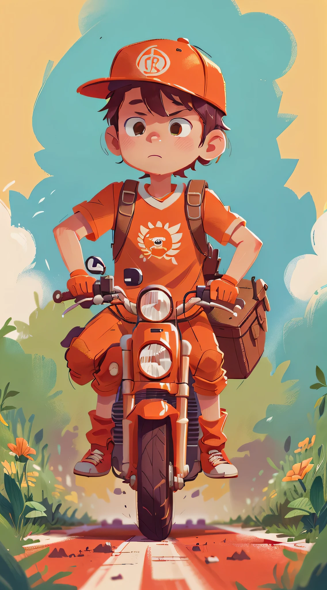 (best quality, 8K ultra high definition high details:1.2), flat illustration, Wear orange，mailman, boy wearing orange hat，riding a motorcycle, White background, medium shot