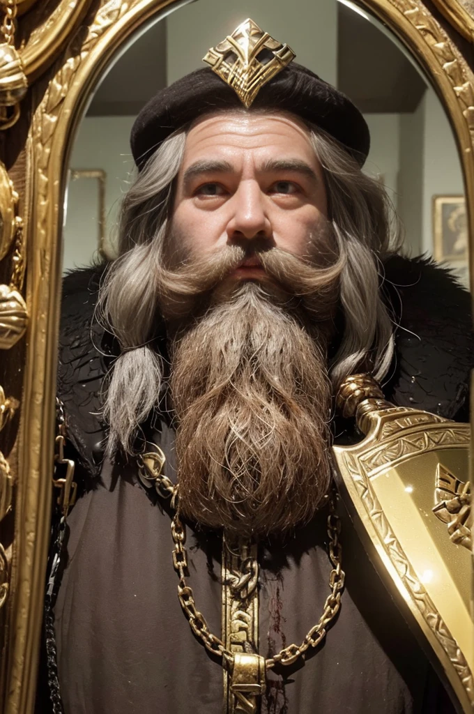 (A dwarven adventurer(big beard, chain armor, bloody axe) is staring at his reflection in a gold mirror, he see himself as a king), greed is filling his heart. In a dungeon hoard