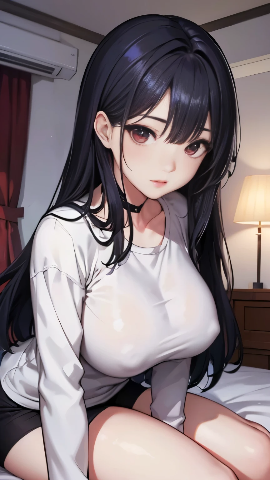 calidad superior, Obra maestra, Ultra high resolution, Manhwa type illustration of a Korean girl with black hair., ojos negros, acostado en una cama y solo usando ropa interior roja. Tetas grandes