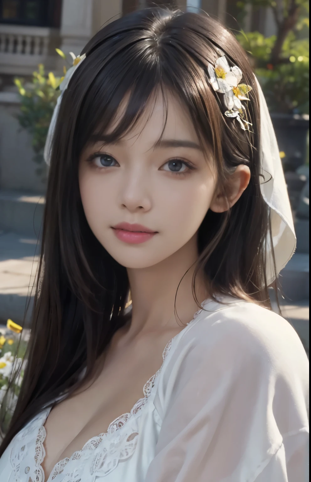 (Ultra Realistic), (Illustration), (Increased Resolution), (8K), (Extremely Detailed), (Best Illustration), (Beautiful and Detailed Eyes), (Best Quality), (Ultra Detailed), (Masterpiece ), ( wallpaper), (detailed face), solo, 1 girl, looking at viewer, fine details, detailed face, in the dark, deep shadows, low key, pureerosfaceace_v1, smiling, Black straight hair, white shawl, 46 points oblique bangs,Lots of flowers in the background,plump breasts