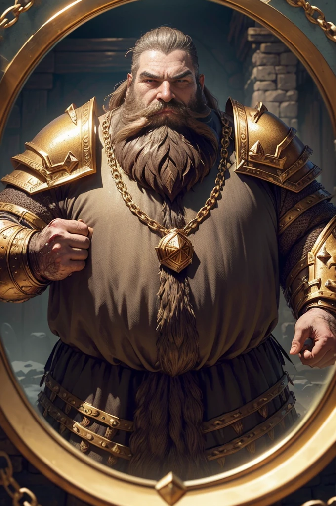 (A dwarven adventurer(big beard, chain armor, bloody axe) is staring at his reflection in a gold mirror, he see himself as a king), greed is filling his heart. In a dungeon hoard