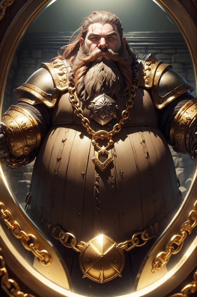 (A dwarven adventurer(big beard, chain armor, bloody axe) is staring at his reflection in a gold mirror, he see himself as a king), greed is filling his heart. In a dungeon hoard