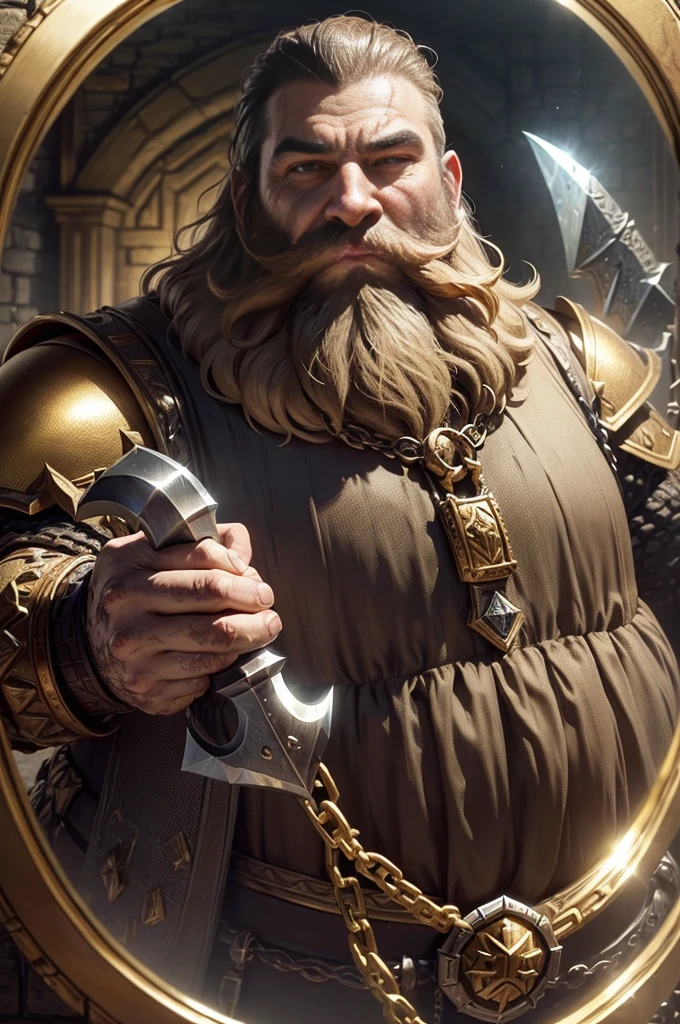 (A dwarven adventurer(big beard, chain armor, bloody axe) is staring at his reflection in a gold mirror, he see himself as a king), greed is filling his heart. In a dungeon hoard