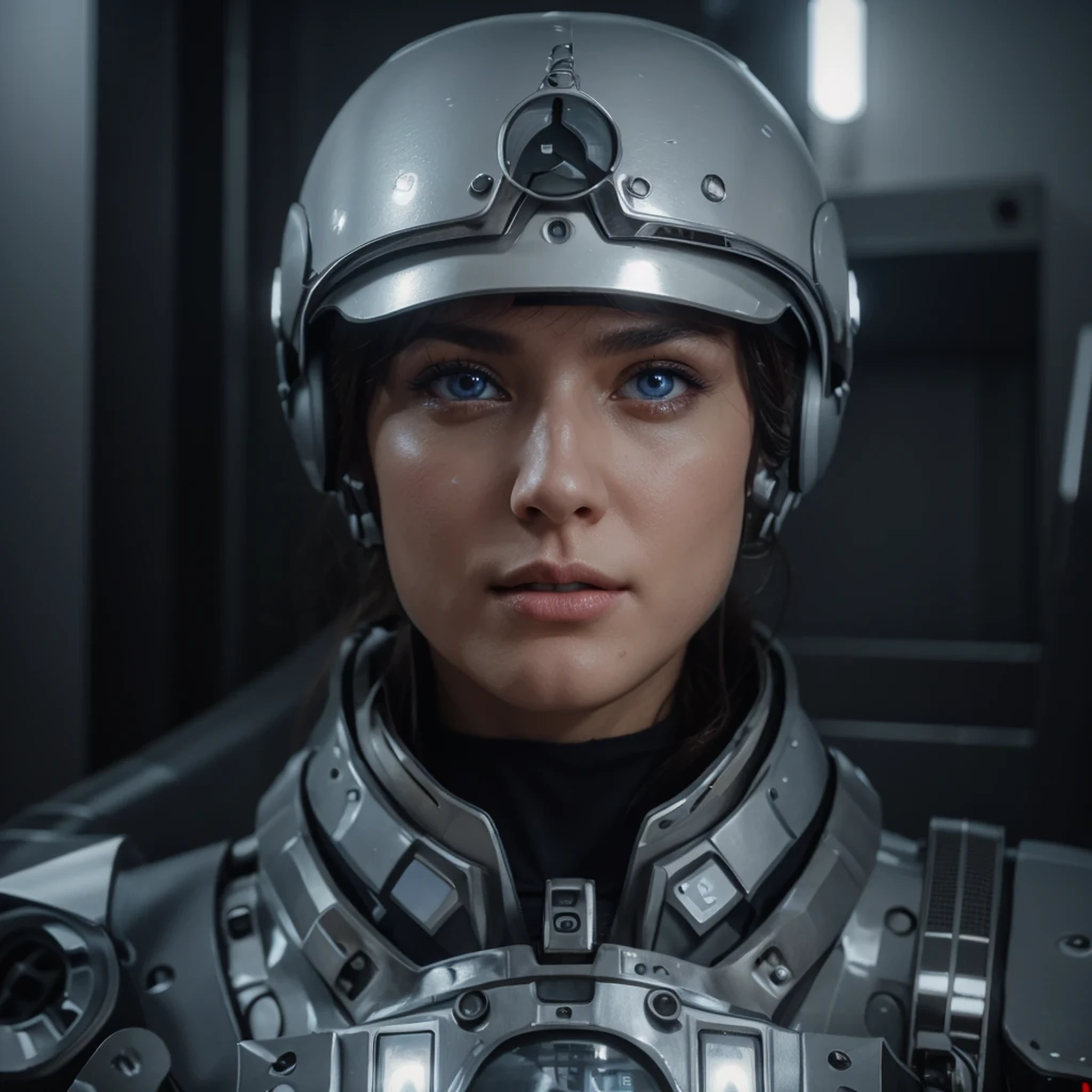 beautiful woman, Russian features, sensual expression, expressive blue eyes, white skin, wears ultra-modern gray cybernetic military helmet, wears ultra-modern gray cybernetic armor with red details, is in a laboratory with Soviet technology, radar machines, screens, ultra detailed, hyper Realistic, 4k, ultra detailed image, Realistic, Highly detailed, perfect composition, gorgeous, Intricately detailed, incredibly detailed, 8 k artistic photography, hyper detailed, masterpiece, ultra detailed, hyper Realistic, 4k, ultra detailed image, Realistic, highly detailed, perfect composition, gorgeous, Intricately detailed, incredibly detailed, 8 k artistic photography, hyper detailed, masterpiece