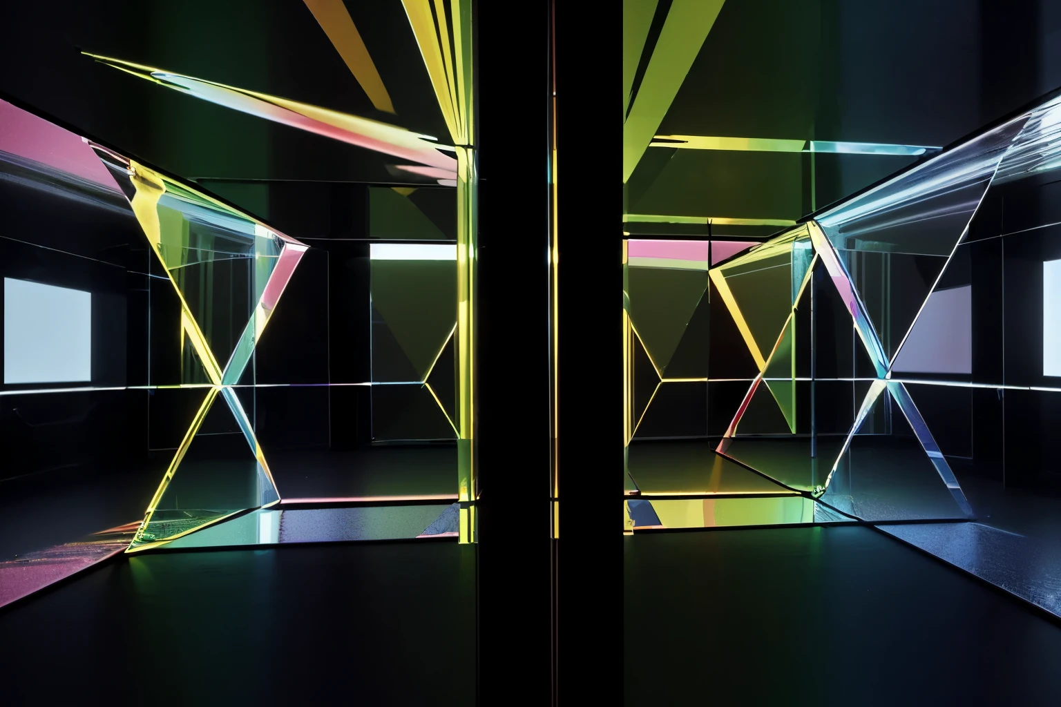 (masterpiece, 32k, best quality:1.4), (refraction of Light:1.7), colorful lasers are projected onto the numerous mirrors of various sizes randomly placed throughout the room, creating irregular, diffused (reflections:1.3), creating artistic effect, background dark room