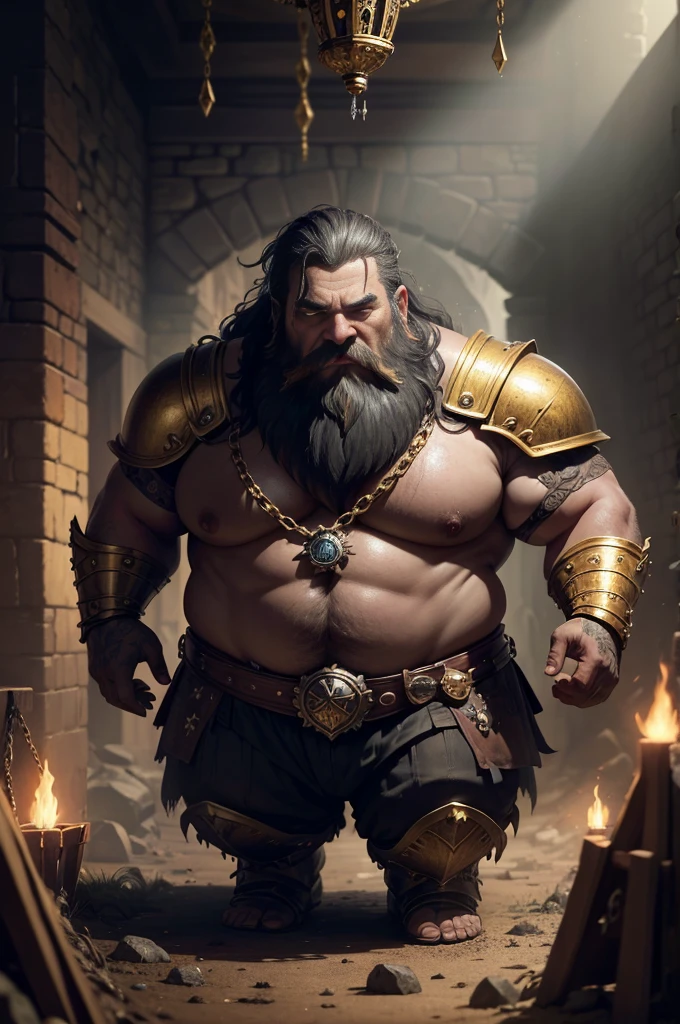 (best quality,4k,highres,masterpiece:1.2),ultra-detailed,realistic:1.37,a dwarven adventurer,big beard,chain armor,bloody axe,staring,gold mirror,reflection,king,greed,dungeon hoard,treasure room,dark and dimly lit room,sparkling gold coins,glittering gemstones,ancient artifacts,mysterious atmosphere,heavy iron bars,creepy shadows,twisting corridors,whispering voices,riches beyond imagination,enchanted treasures,dripping water,echoing footsteps,battle scars,fire-lit braziers,secret passages,hidden traps,guarded by fearsome creatures