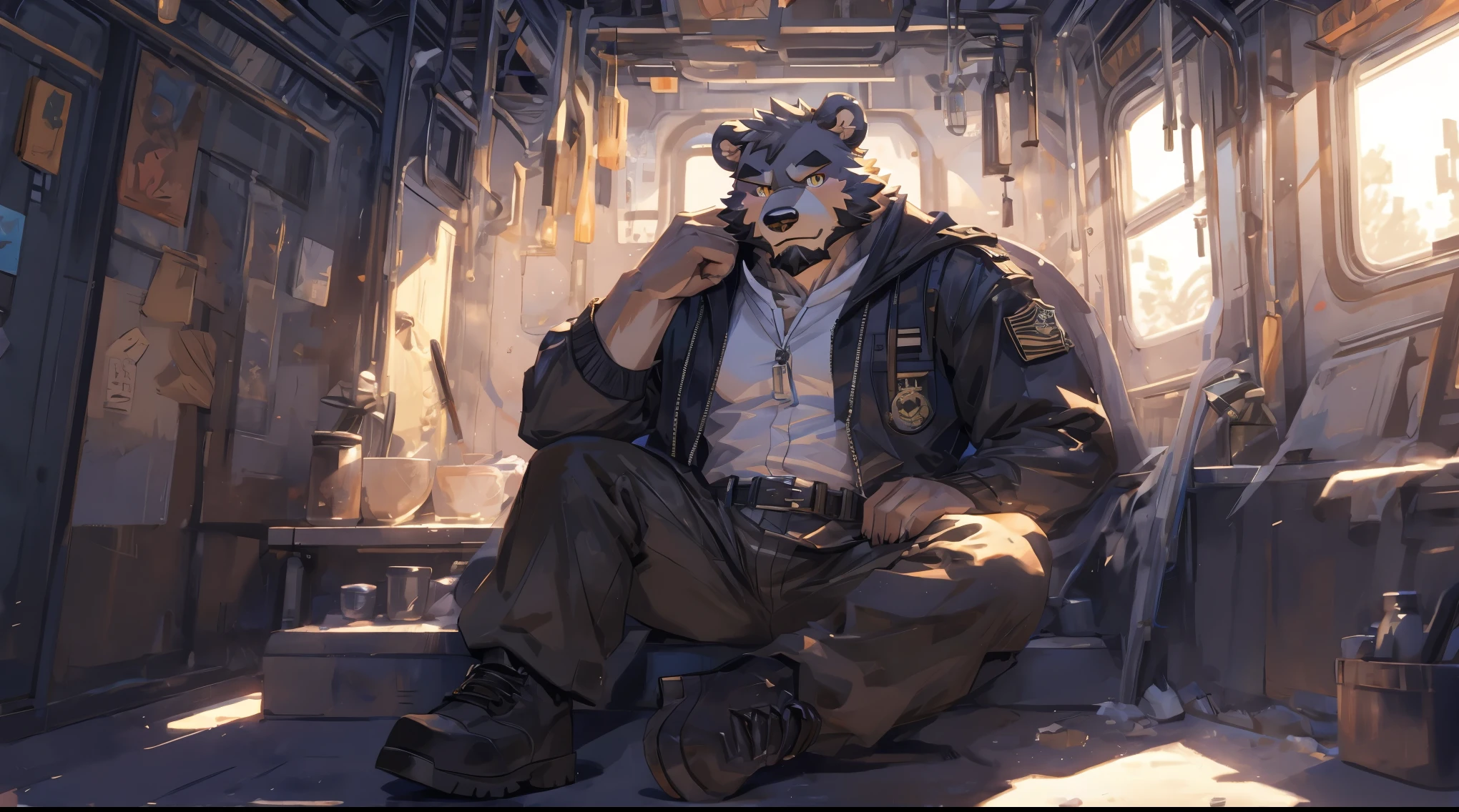 (masterpiece:1.2), best quality,pixiv,official art,perfect anatomy, (Ray tracing, light),solo, (1_male:1.3) , (muscle), (gray fur:1.4), (muscle bear), (beard:1.2), (gleaming golden eyes), Thick eyebrows, open hoodie, naked inside, cargo pants, (boots:1.2), portrait, (in the empty train :1.3), sitting alone