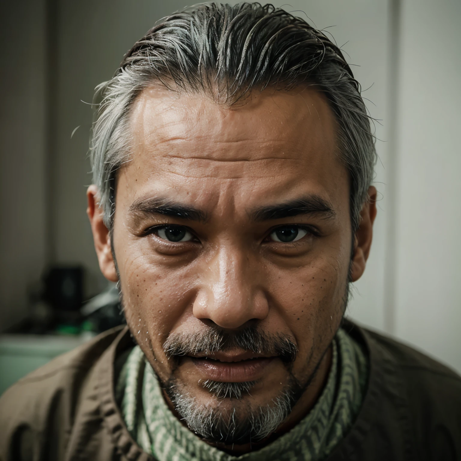 Indonesian face only,man about 50,beard, grey hair,no mustache,light green eyes,sharp jaws