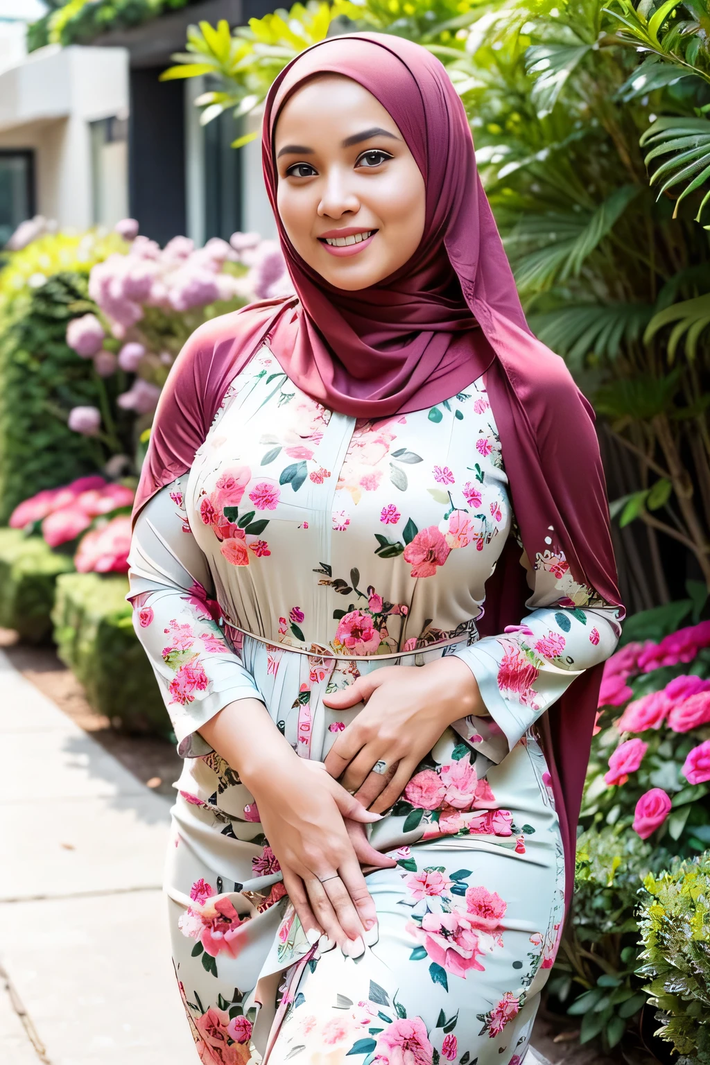 RAW, Best quality, high resolution, Masterpiece: 1.3), Beautiful Malay woman in hijab, Masterpiece, Perfect slim body, ((Big breasts)), Beautiful big eyes, water eyes, Soft smile, ((wearing tight red pastel floral malay gamis with closed hijab)), simple diamond necklace, ((closed clothes), ((polite clothes)), windy, skin details, skin texture details, wide hips, thick thighs, sexy body, morning time, laughing, happy, bright sunlight, flower garden path, blurred background, bokeh,