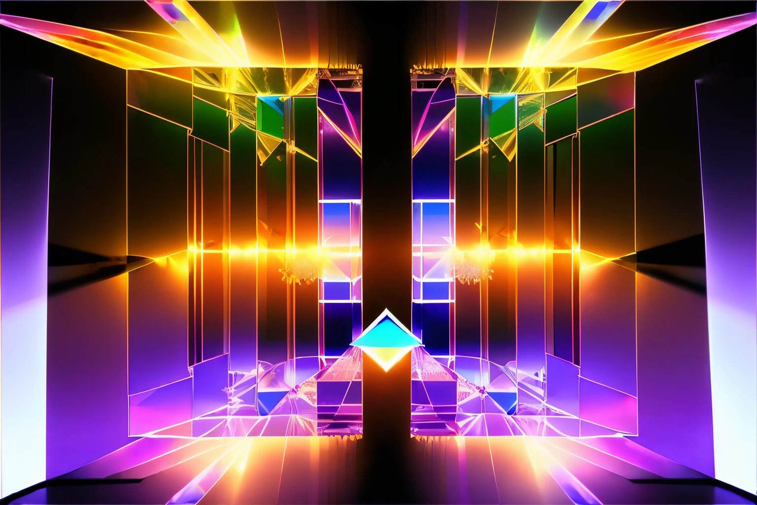 (masterpiece, 32k, best quality:1.4), (refraction of Light:1.7), colorful lasers are projected onto the numerous mirrors of various sizes randomly placed throughout the room, creating irregular, diffused (reflections:1.3), creating artistic effect, background dark room