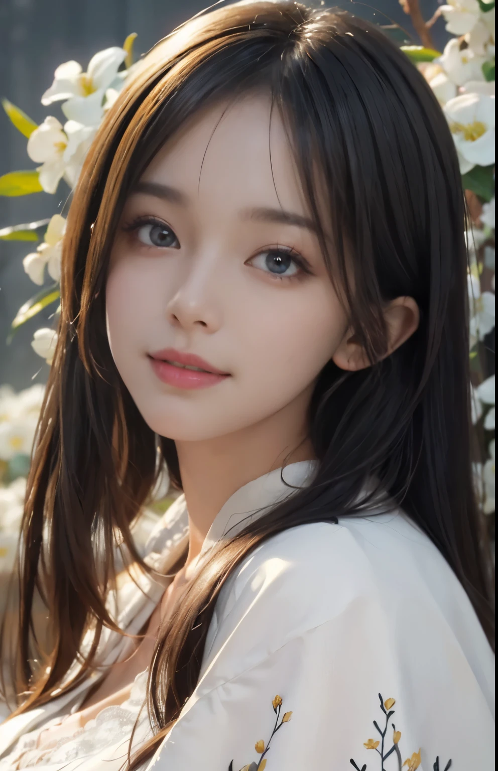 (Ultra Realistic), (Illustration), (Increased Resolution), (8K), (Extremely Detailed), (Best Illustration), (Beautiful and Detailed Eyes), (Best Quality), (Ultra Detailed), (Masterpiece ), ( wallpaper), (detailed face), solo, 1 girl, looking at viewer, fine details, detailed face, in the dark, deep shadows, low key, pureerosfaceace_v1, smiling, Black straight hair, white shawl, 46 points oblique bangs,Lots of flowers in the background,plump breasts